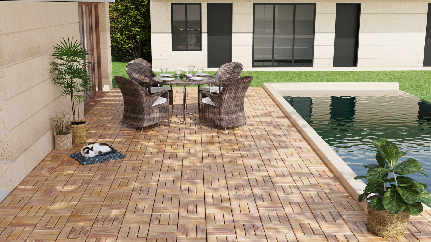 Wooden deck tiles with a natural wood grain pattern ideal for patios
