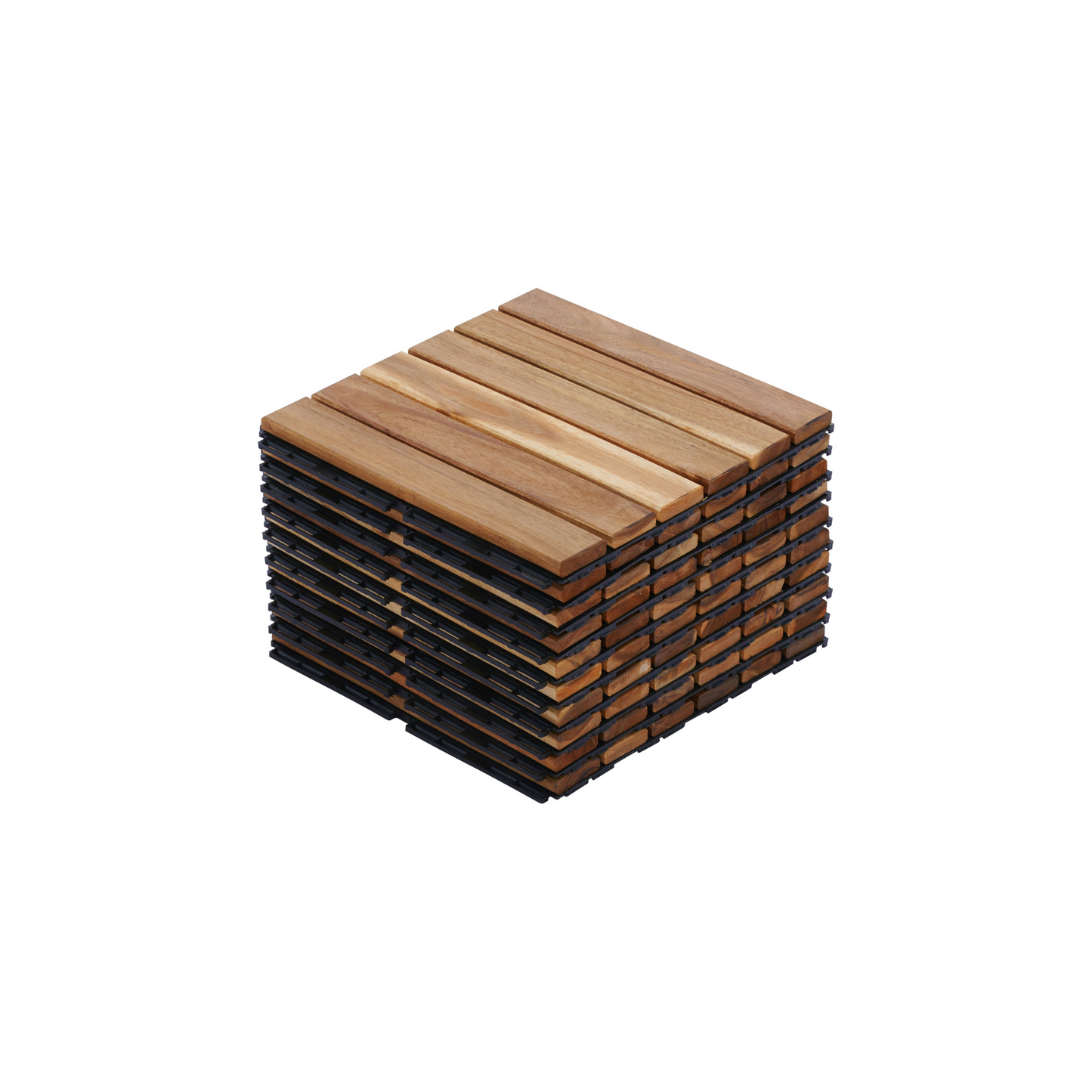 Stack of interlocking wooden deck tiles for outdoor use