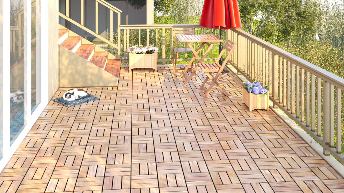 Interlocking wood deck tiles with natural grain creating a warm outdoor patio