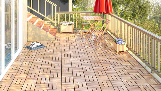 Interlocking wood deck tiles with natural grain creating a warm outdoor patio