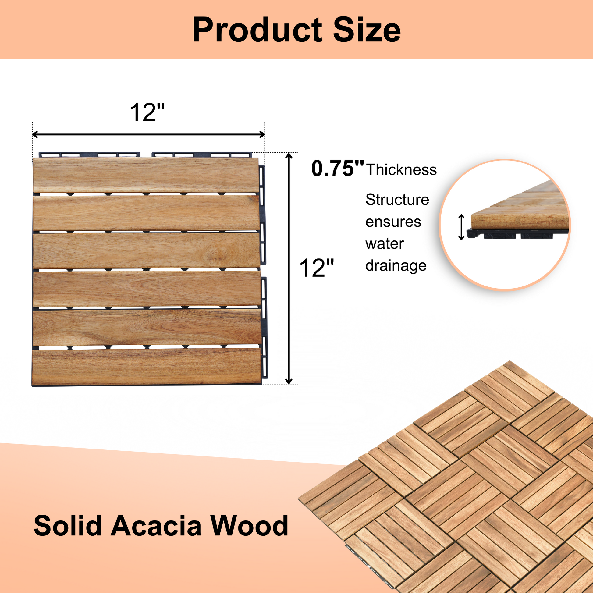 Two inch interlocking solid acacia wood decking tiles shown with dimensions and inch thickness