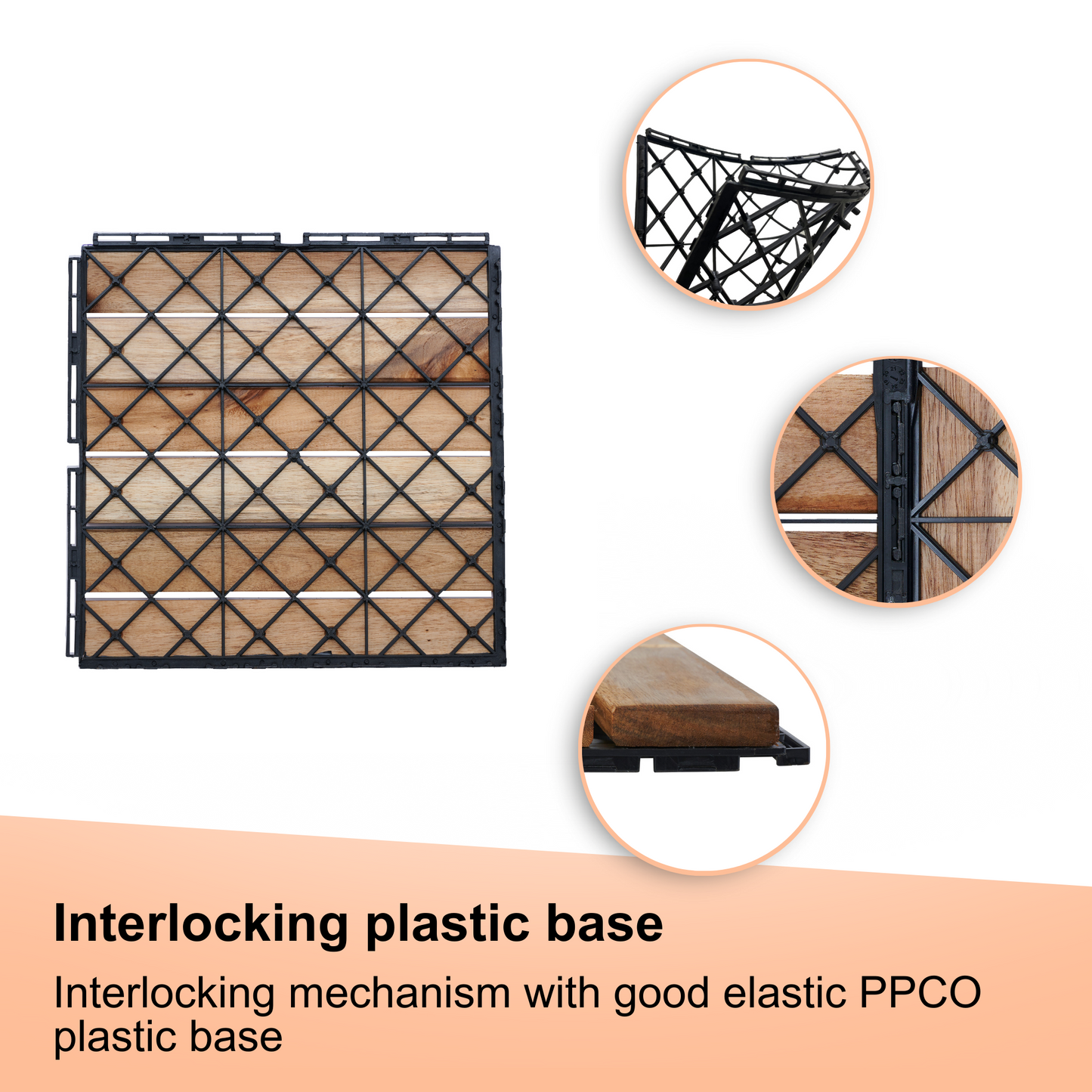 Interlocking plastic base with wood inserts and diamond pattern grid