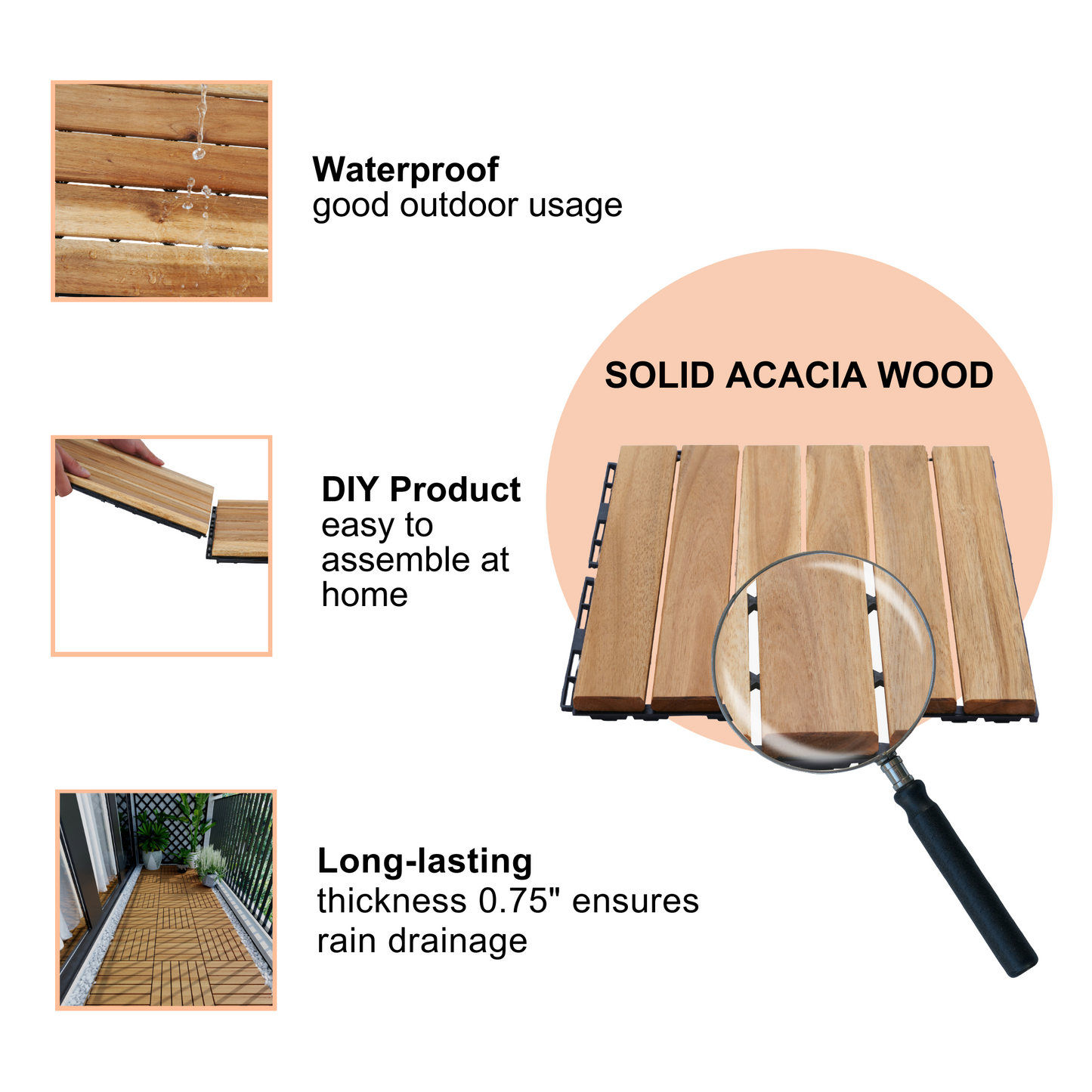 Closeup of wooden deck tiles with water droplets showcasing waterproof quality for outdoor use