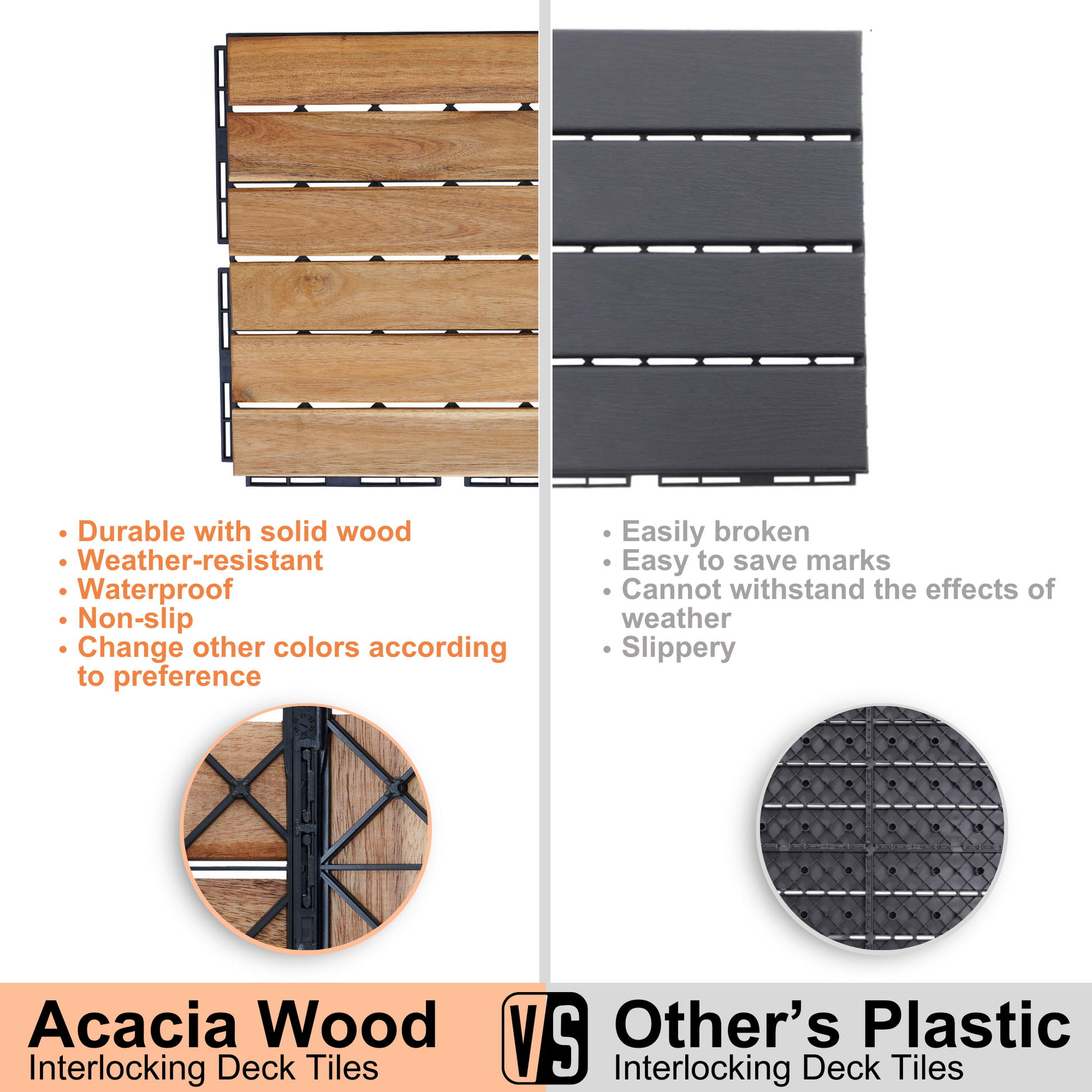 Natural acacia wood interlocking deck tiles showcasing durable waterproof design for outdoor spaces