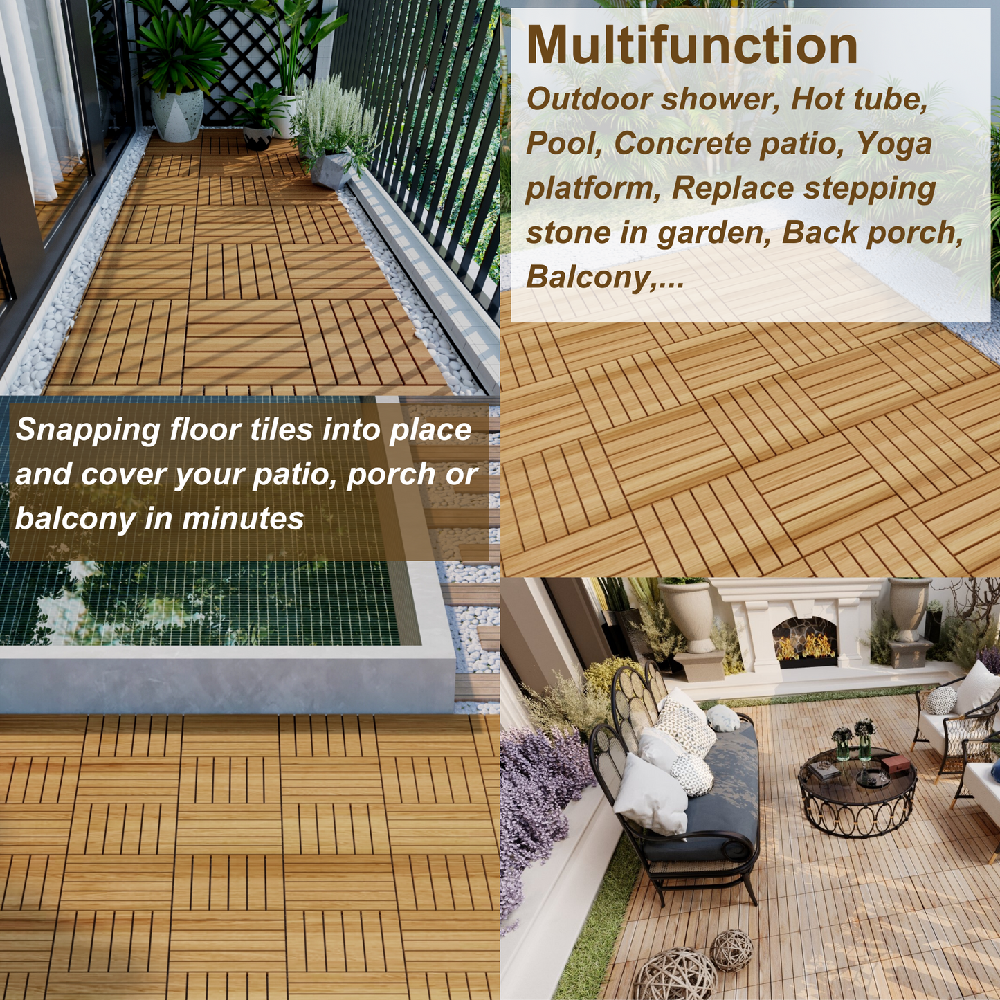 Natural wood interlocking floor tiles installed on a balcony with potted plants