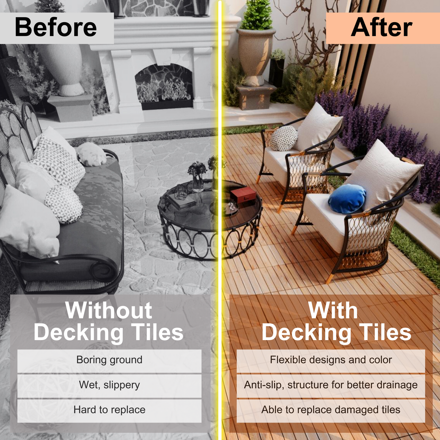 Wood decking tiles create a warm inviting patio with outdoor seating and greenery