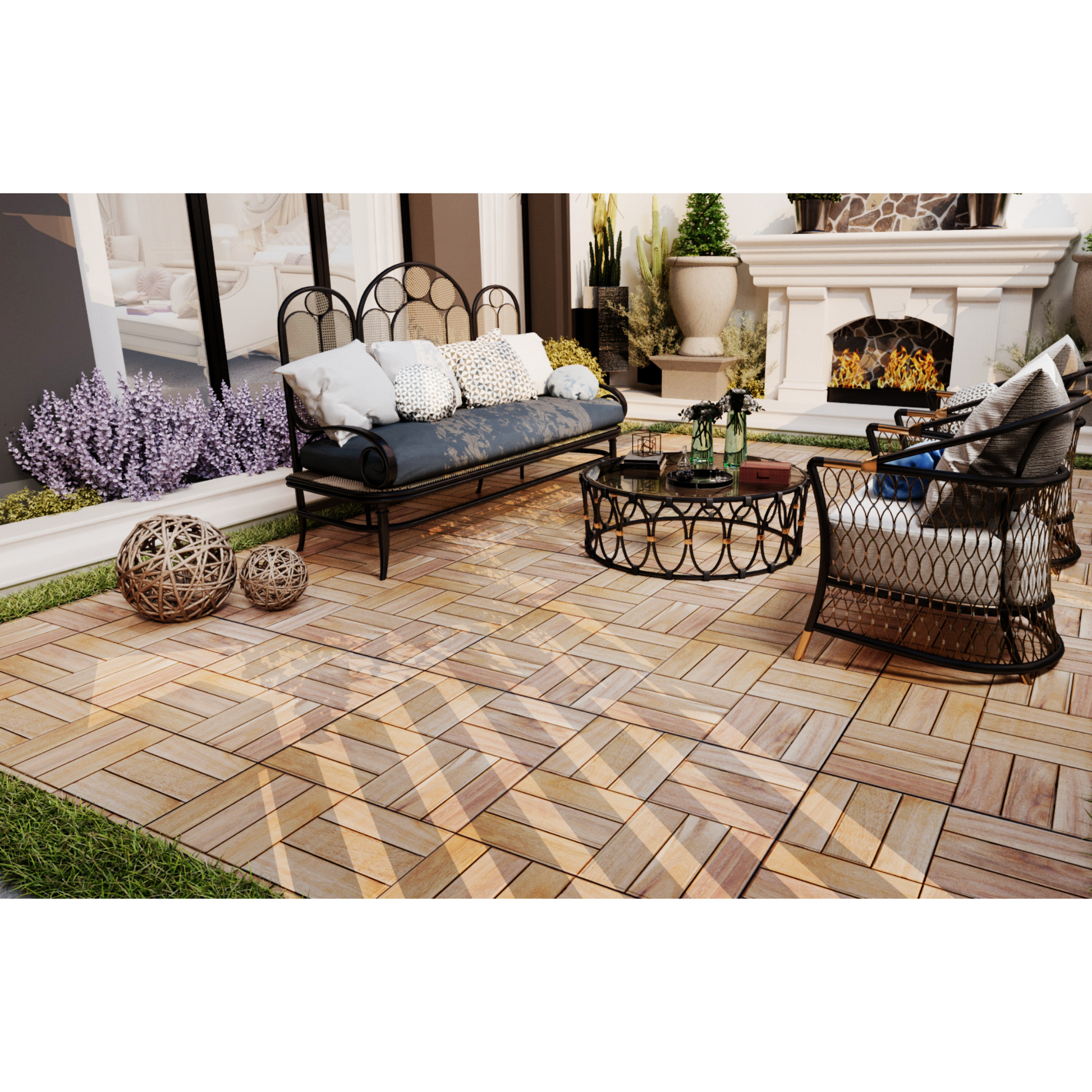Two natural wood deck tiles with a subtle herringbone pattern ideal for patios and gardens