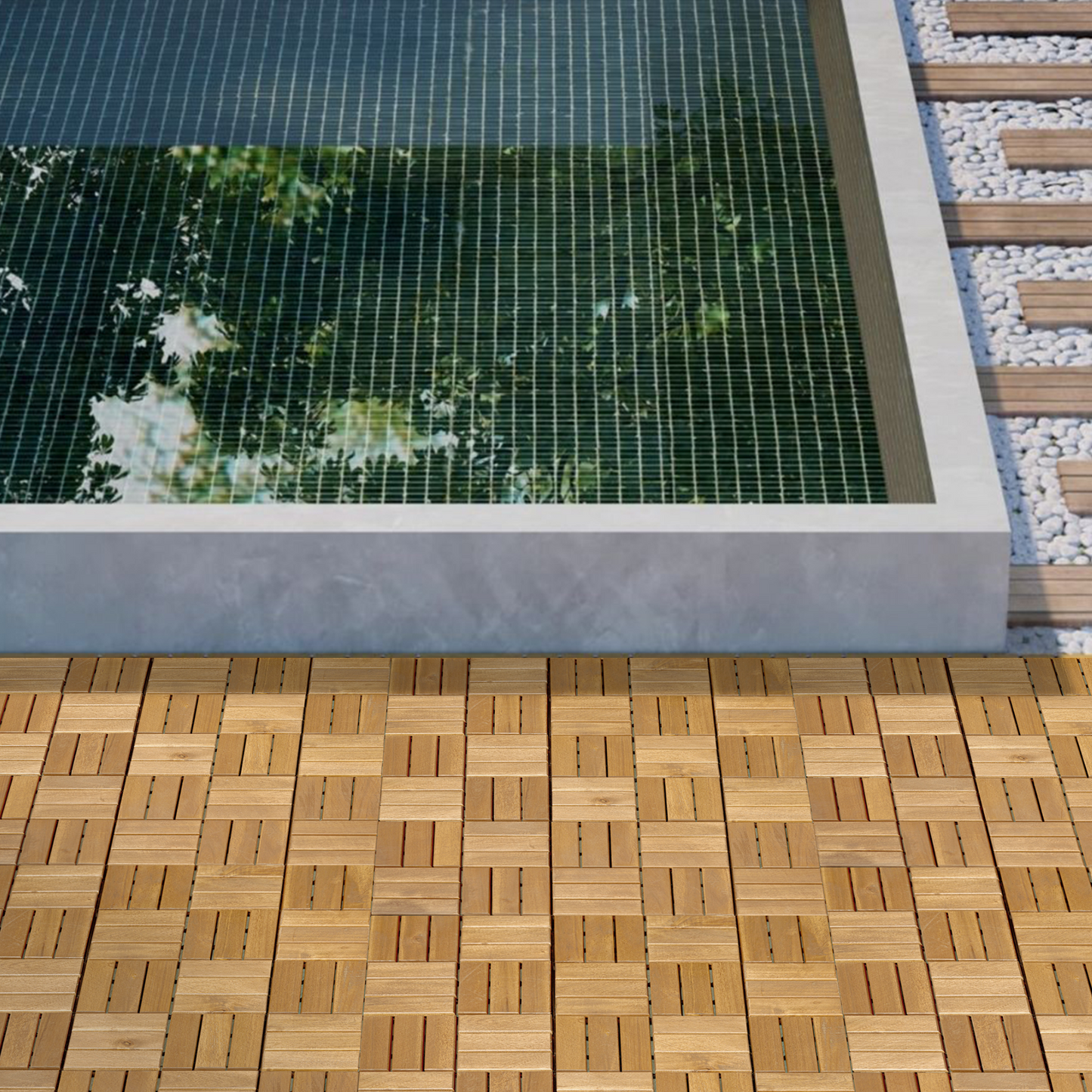 Wooden deck tiles for outdoor patios and garden pathways