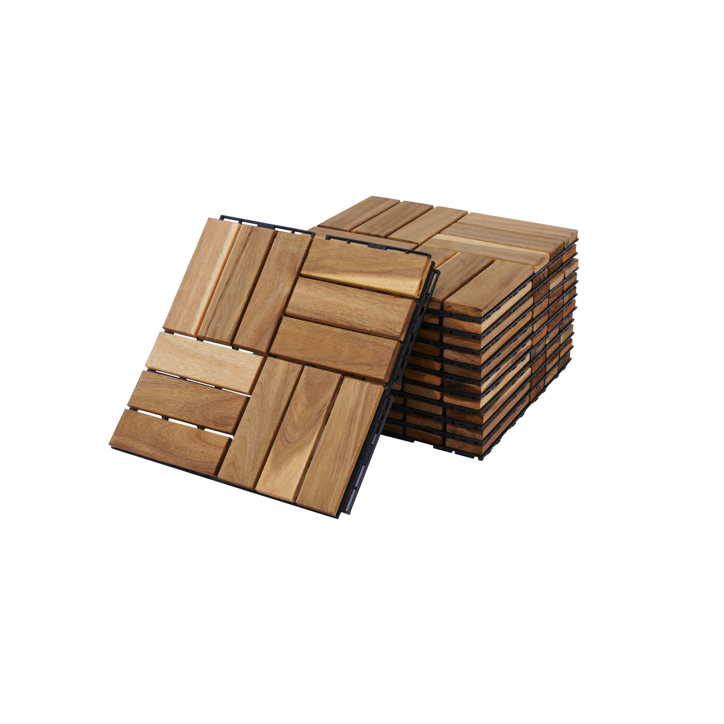 Stack of natural wood interlocking deck tiles for outdoor patios