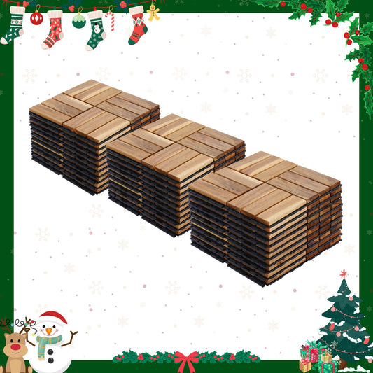 Three stacks of interlocking wooden deck tiles with natural grain ready for outdoor flooring projects