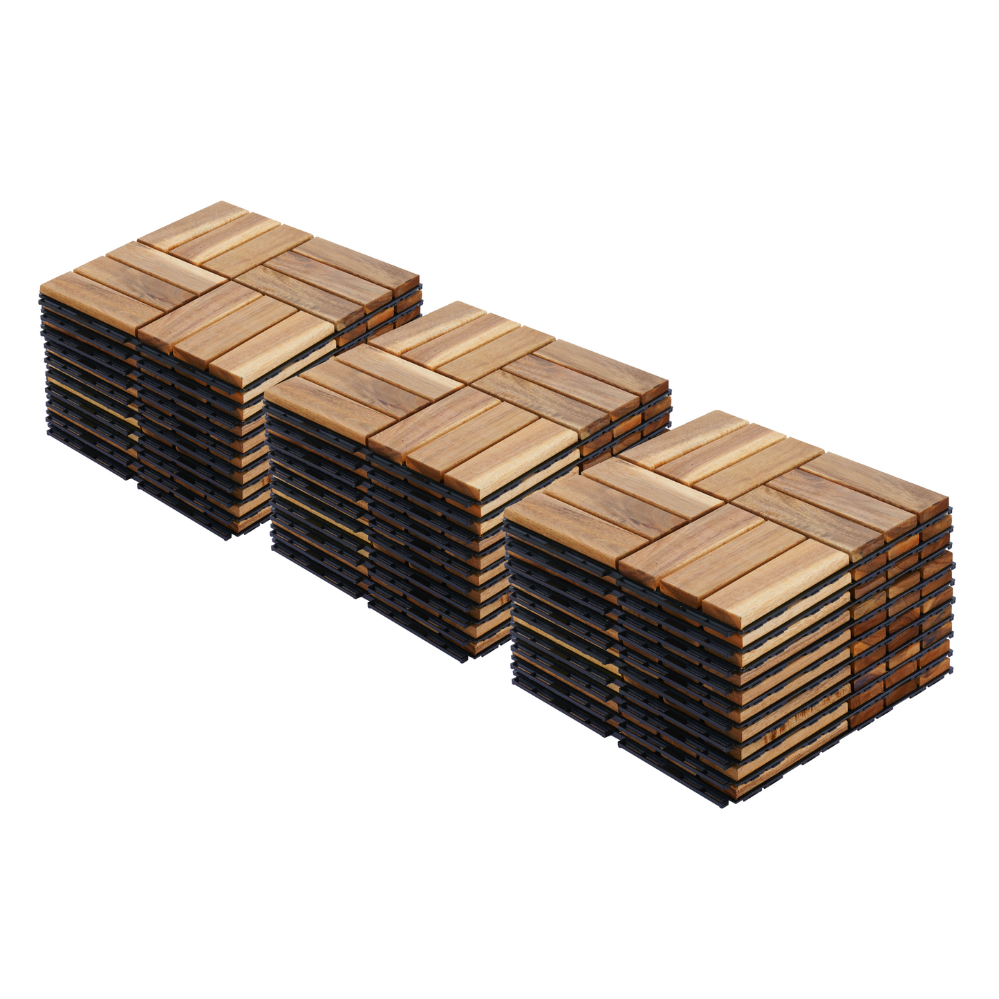 Three stacks of natural wood interlocking deck tiles with black backing on white background
