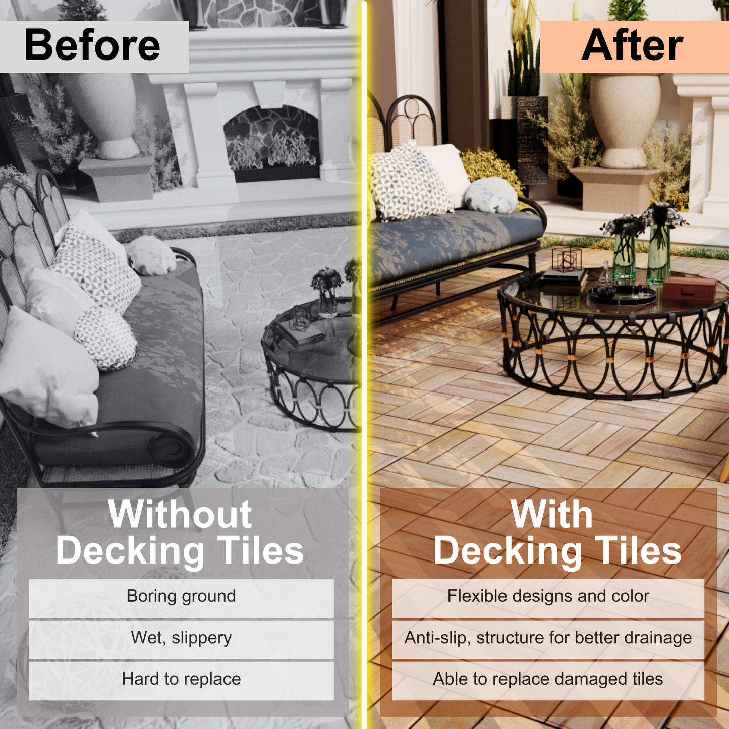 Wooden deck tiles in a herringbone pattern for outdoor patios offering style and durability