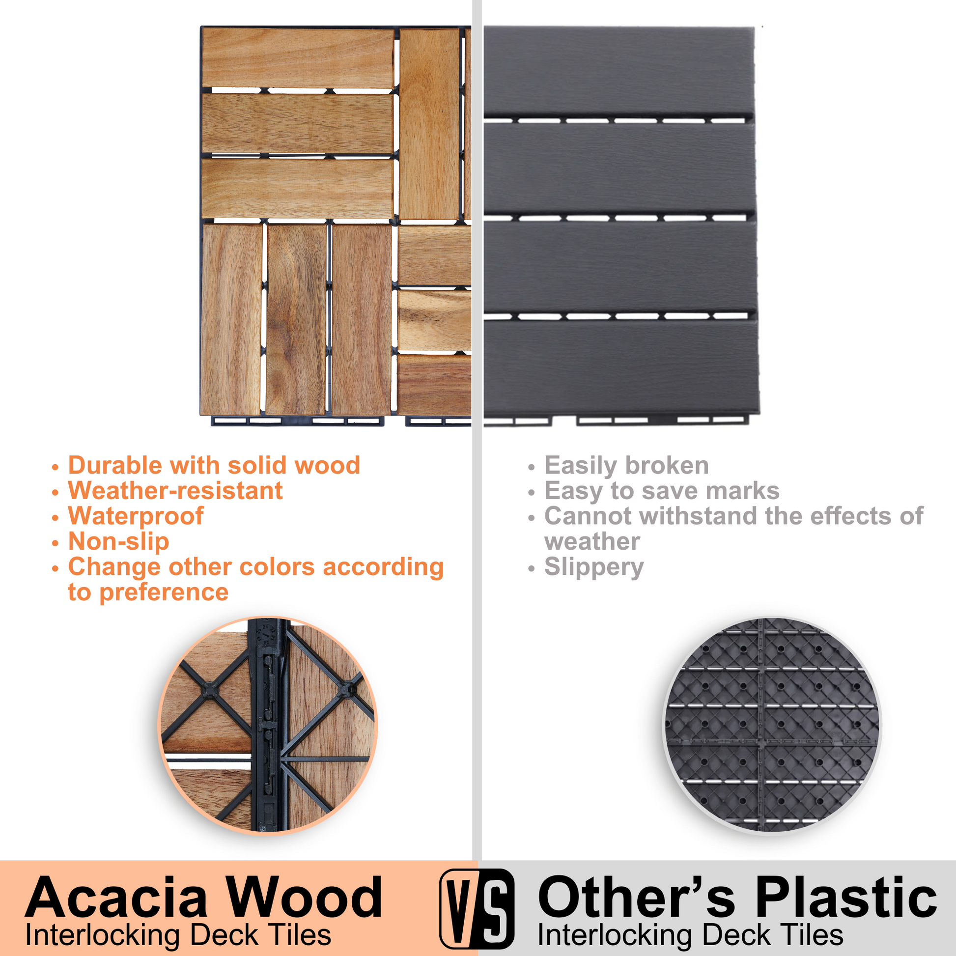 Natural wood grain acacia interlocking deck tiles with a dark frame