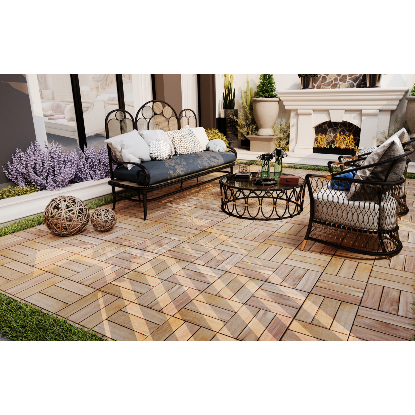 Outdoor wood deck tiles with a warm wood grain finish perfect for patios