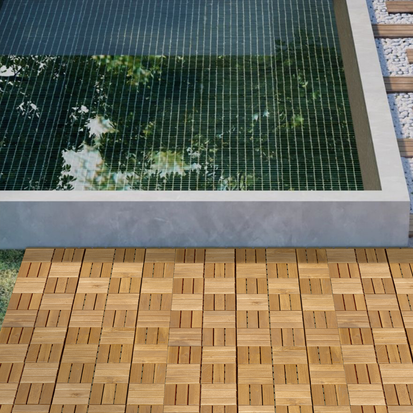 Interlocking natural wood deck tiles for outdoor patios and pathways