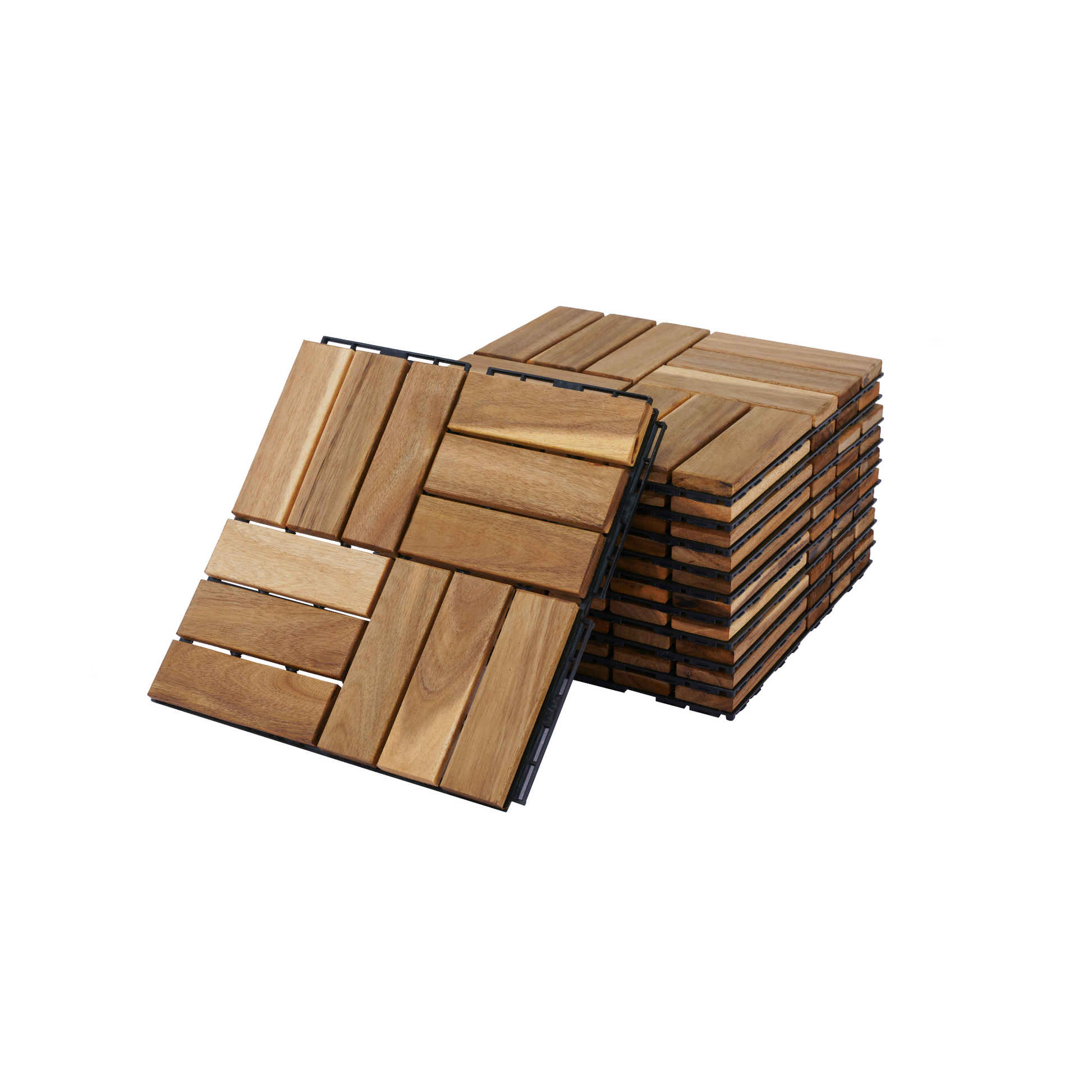 Stack of interlocking wooden deck tiles with natural grain