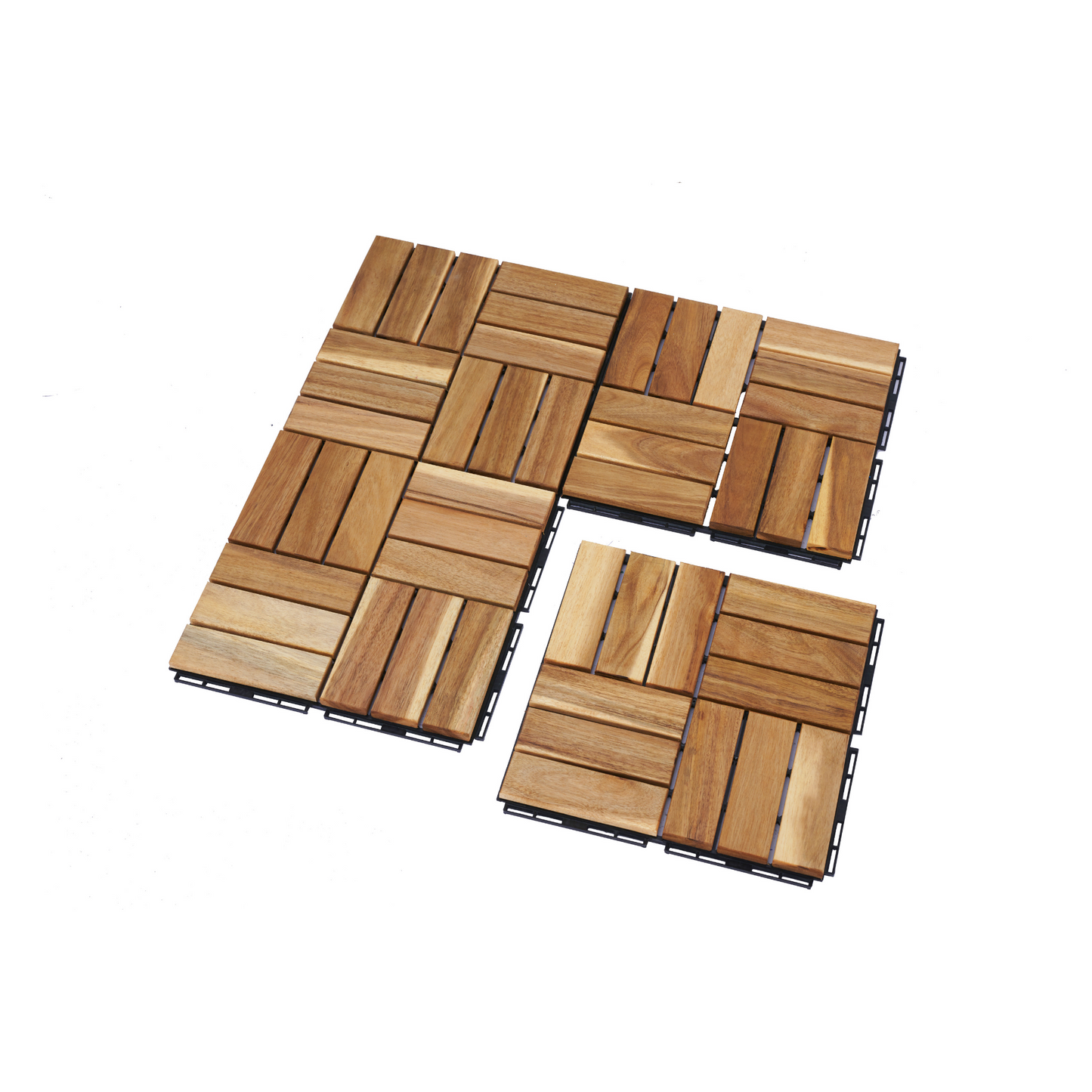 Wooden interlocking deck tiles with natural grain for outdoor patios