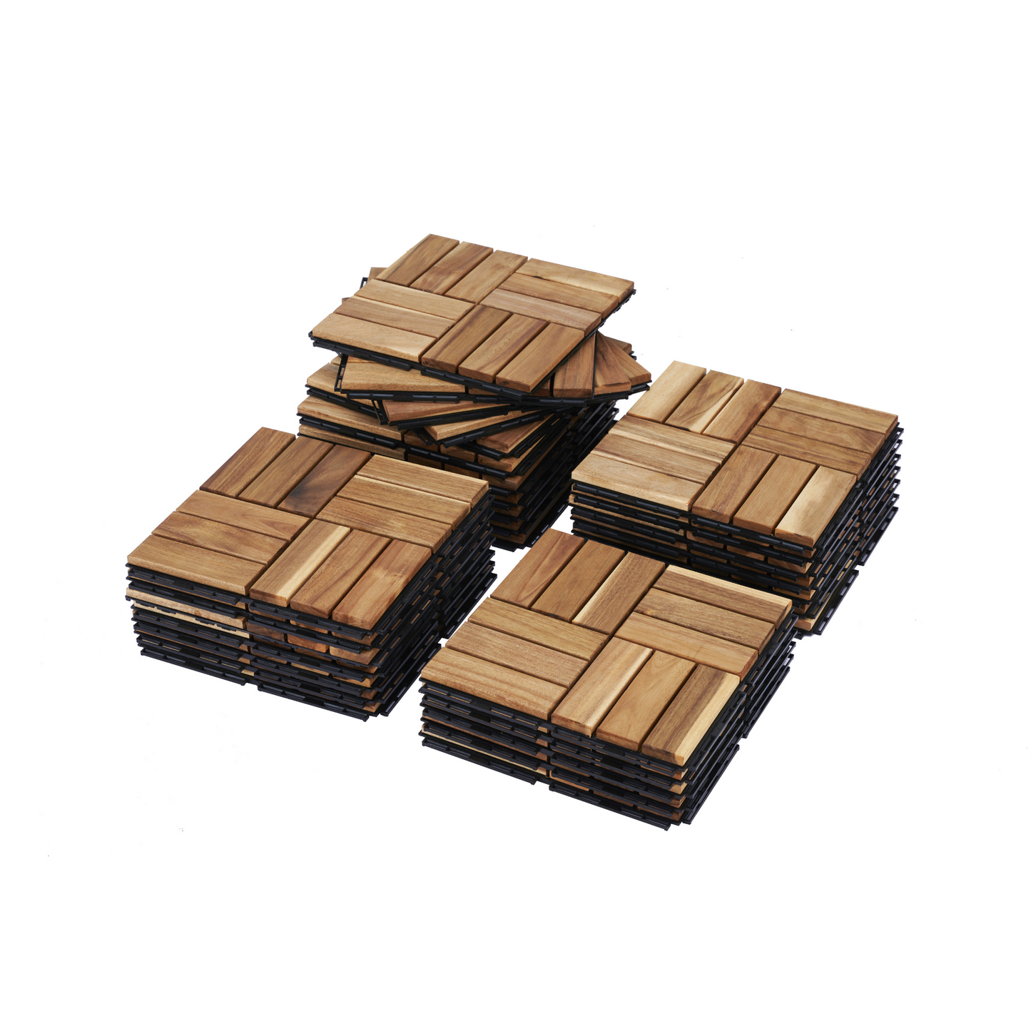 Stack of natural wood deck tiles with interlocking base
