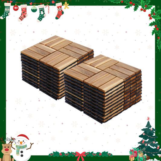 Two stacks of interlocking wooden deck tiles with a natural wood finish and black backing