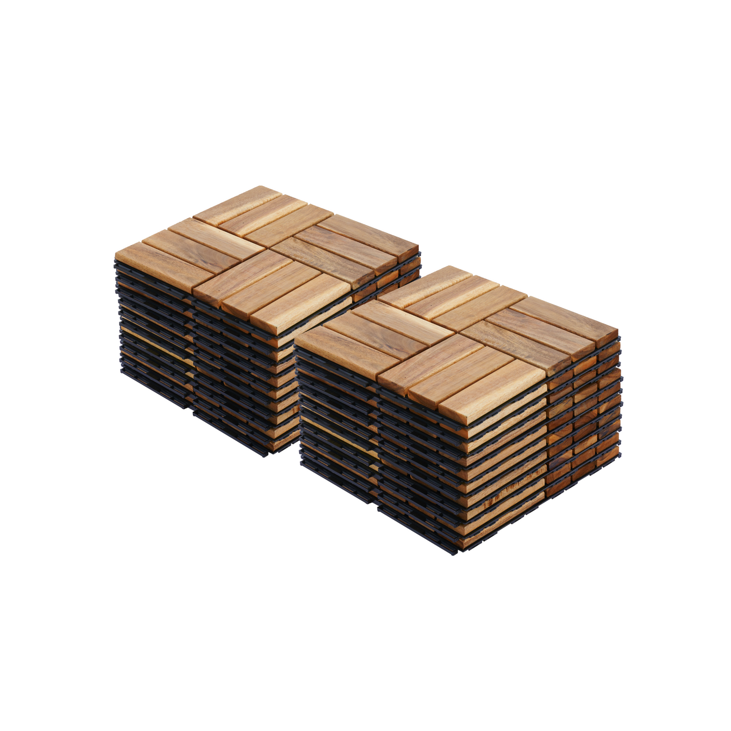 Stack of two interlocking deck tiles made of natural wood with black plastic backing
