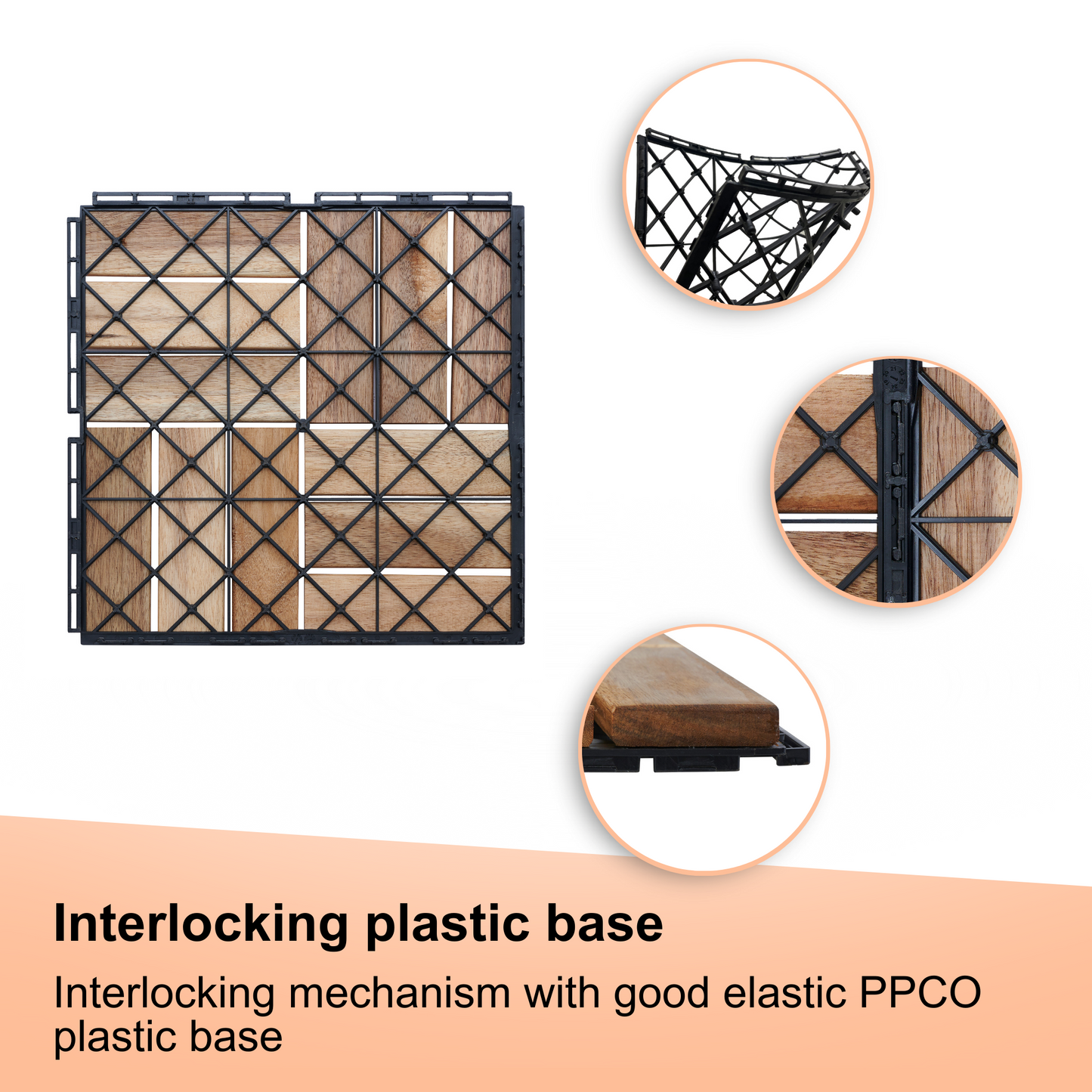 Interlocking deck tiles with wood grain pattern and black plastic base