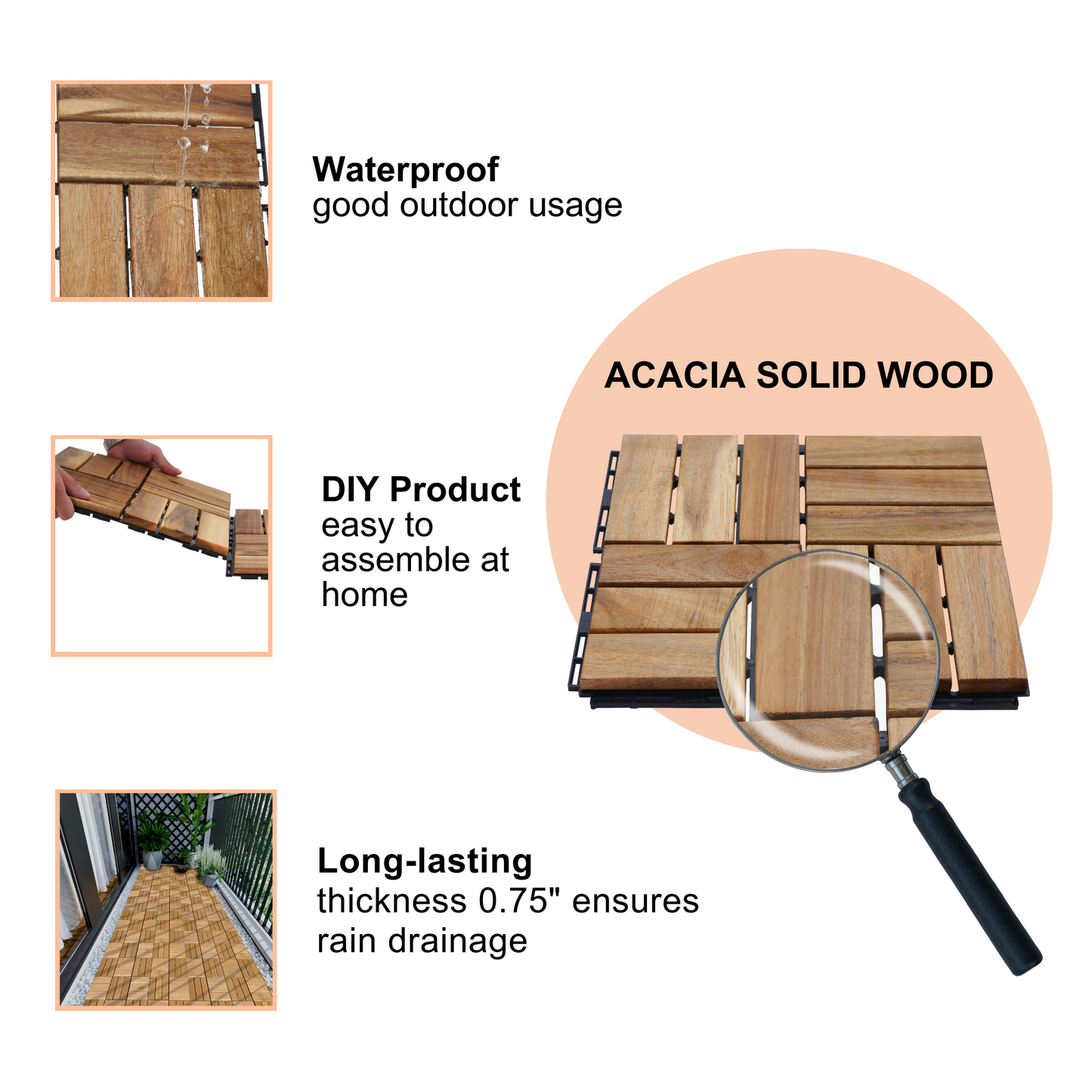 Closeup of interlocking acacia wood deck tiles showing water beading on the surface