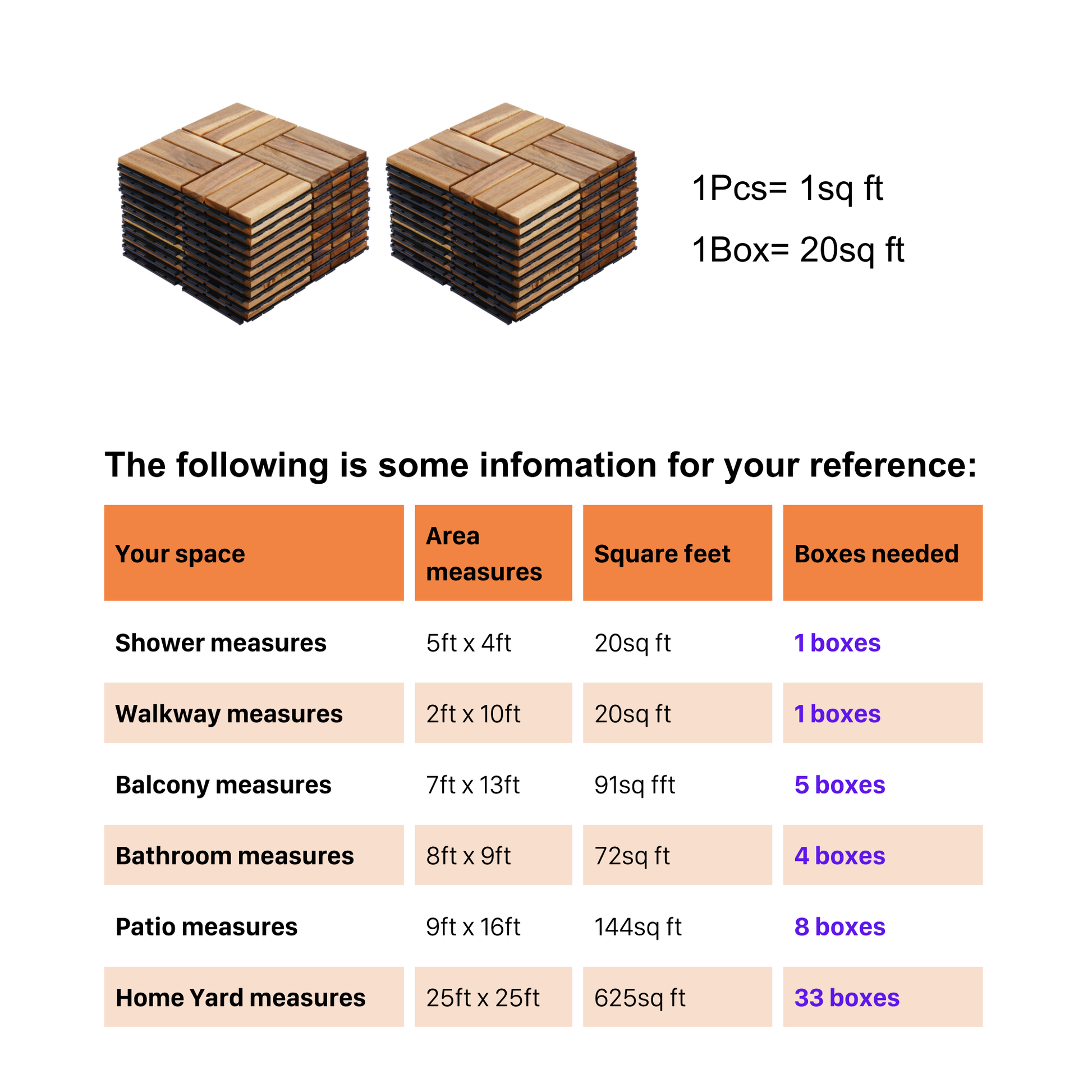 Stack of interlocking wooden deck tiles for outdoor flooring