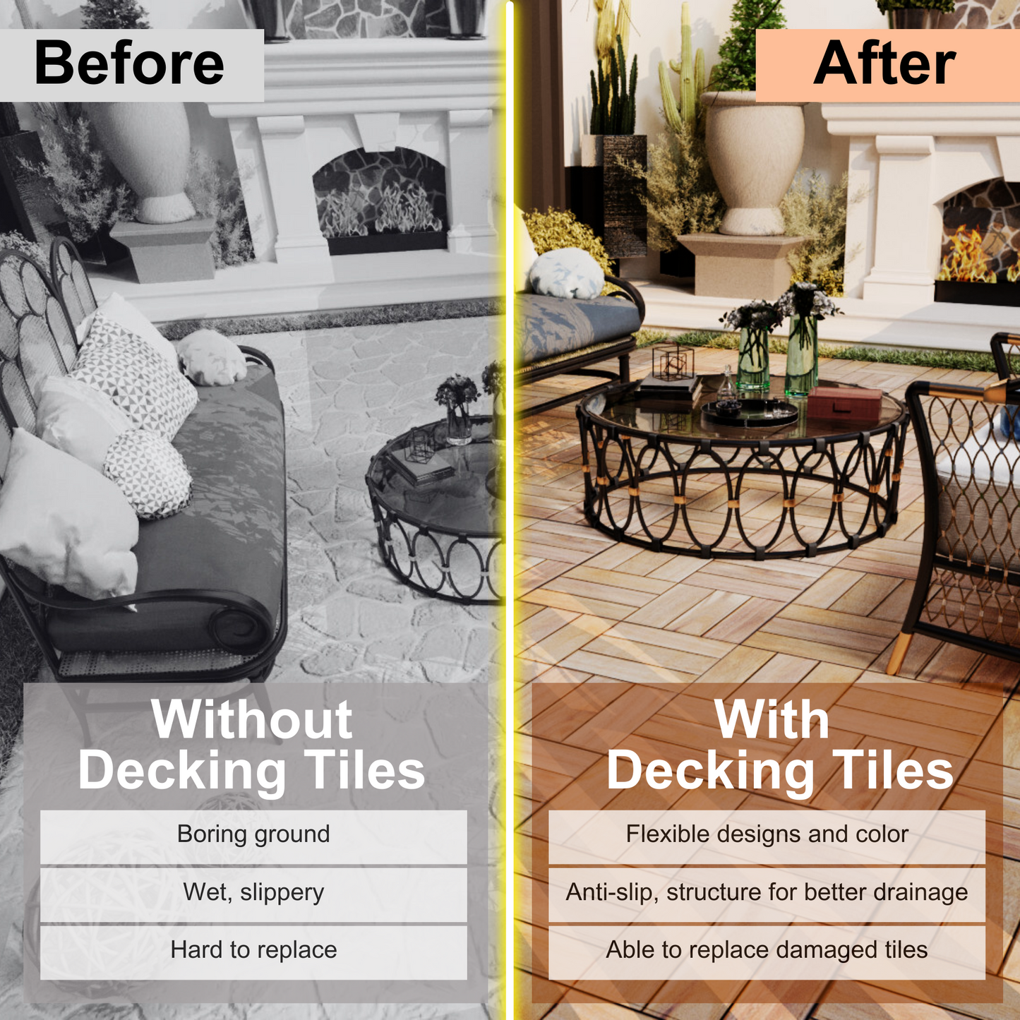 Wood composite decking tiles with a natural grain pattern in warm tones installed in a herringbone pattern