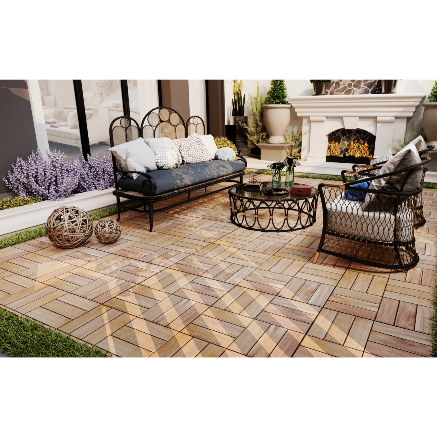 Woven rattan patio furniture set with navy sofa and chairs featuring a stone fireplace