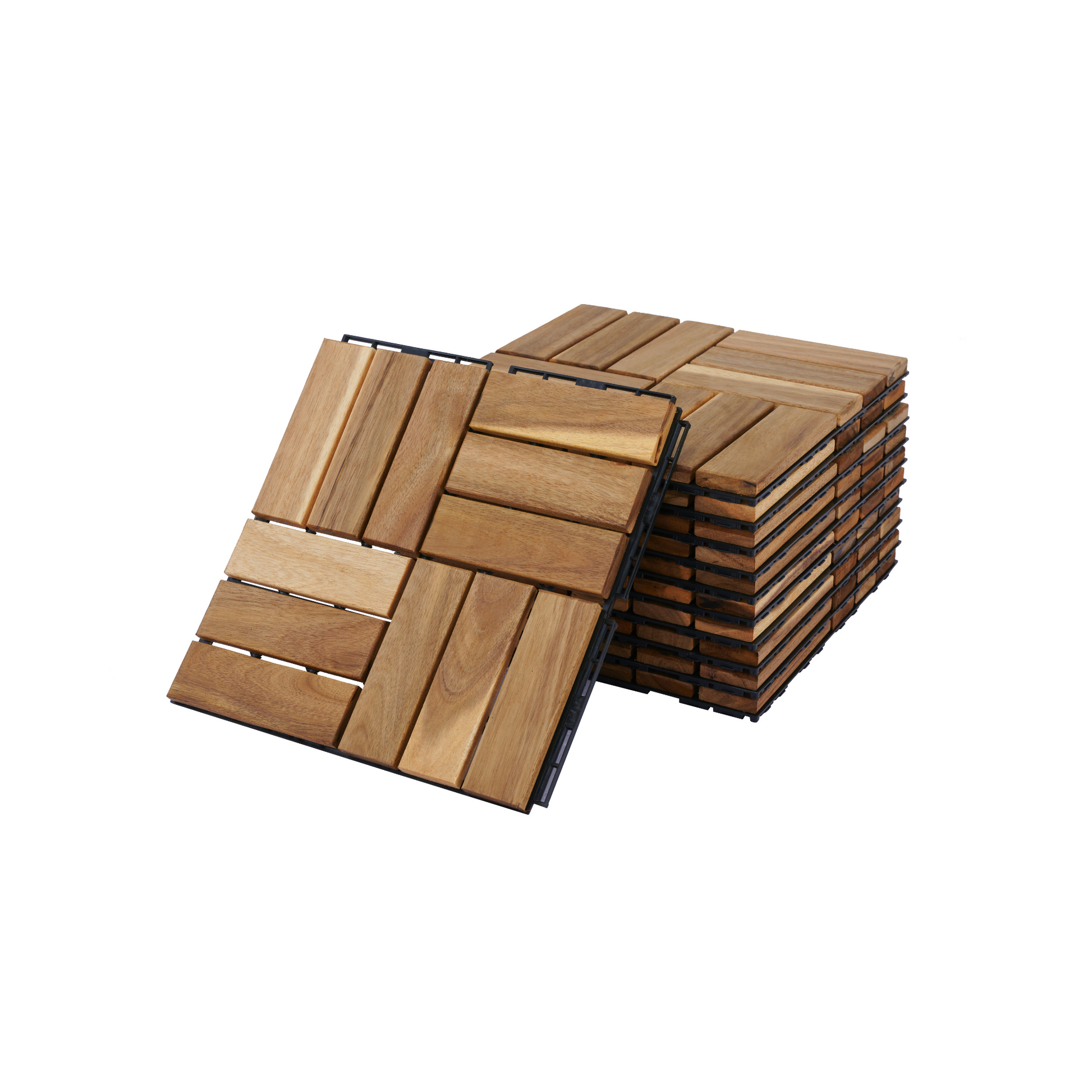 Stack of natural wood interlocking deck tiles for outdoor patios