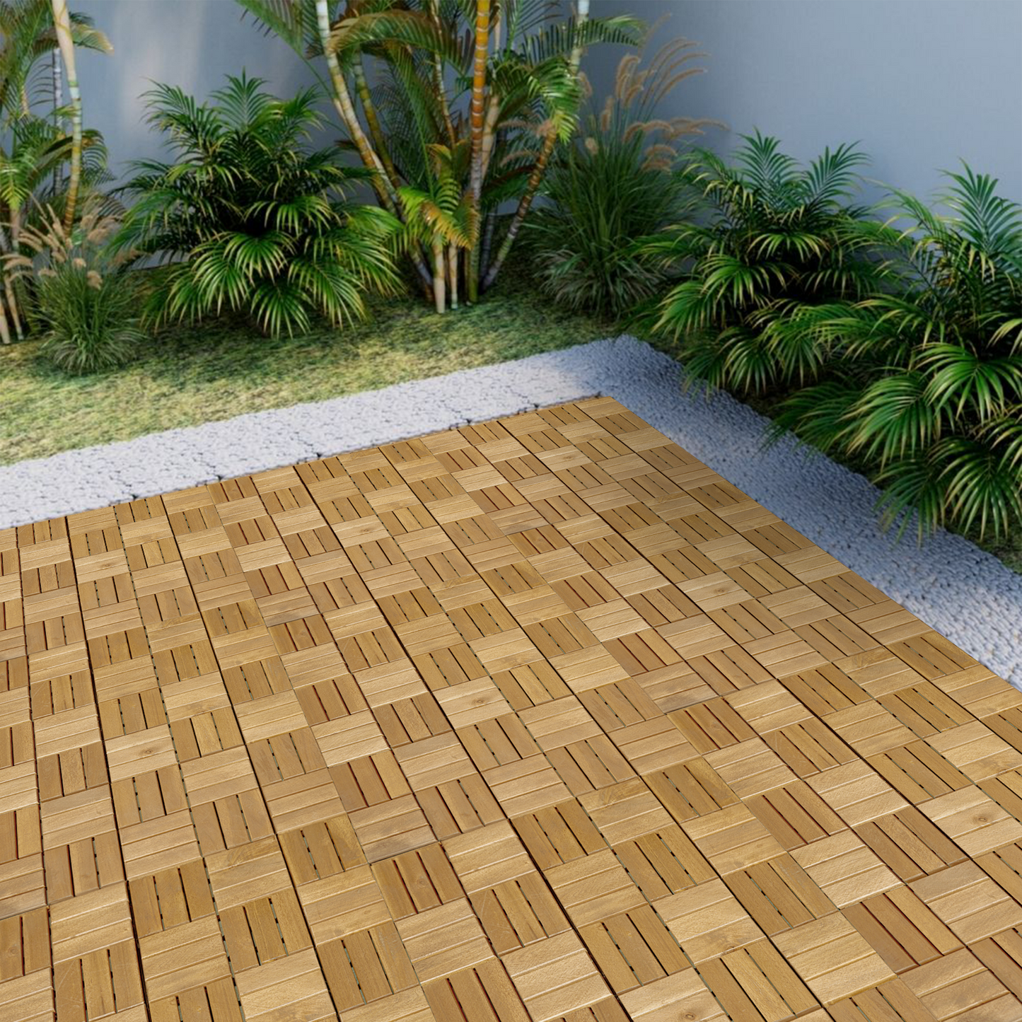 Closeup of interlocking natural wood deck tiles with a slatted surface