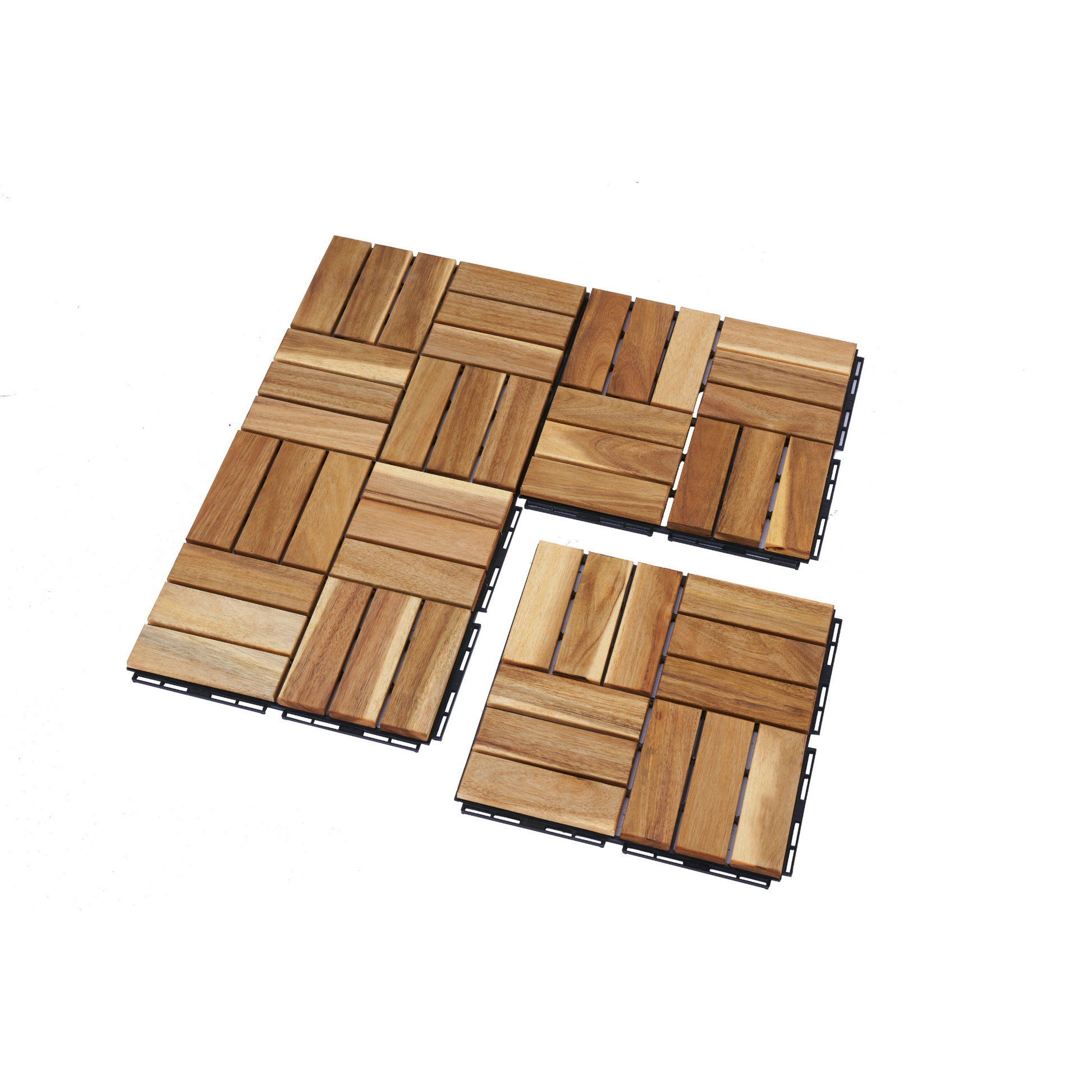 Natural wood interlocking deck tiles with a modern design