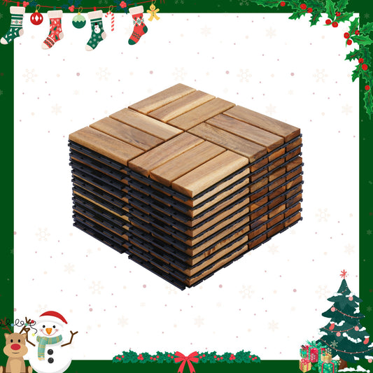 Stack of natural wood deck tiles with interlocking bases for outdoor flooring