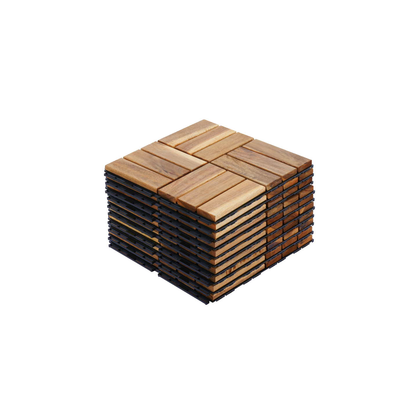 Stack of interlocking wooden patio tiles with dark plastic backing for outdoor flooring