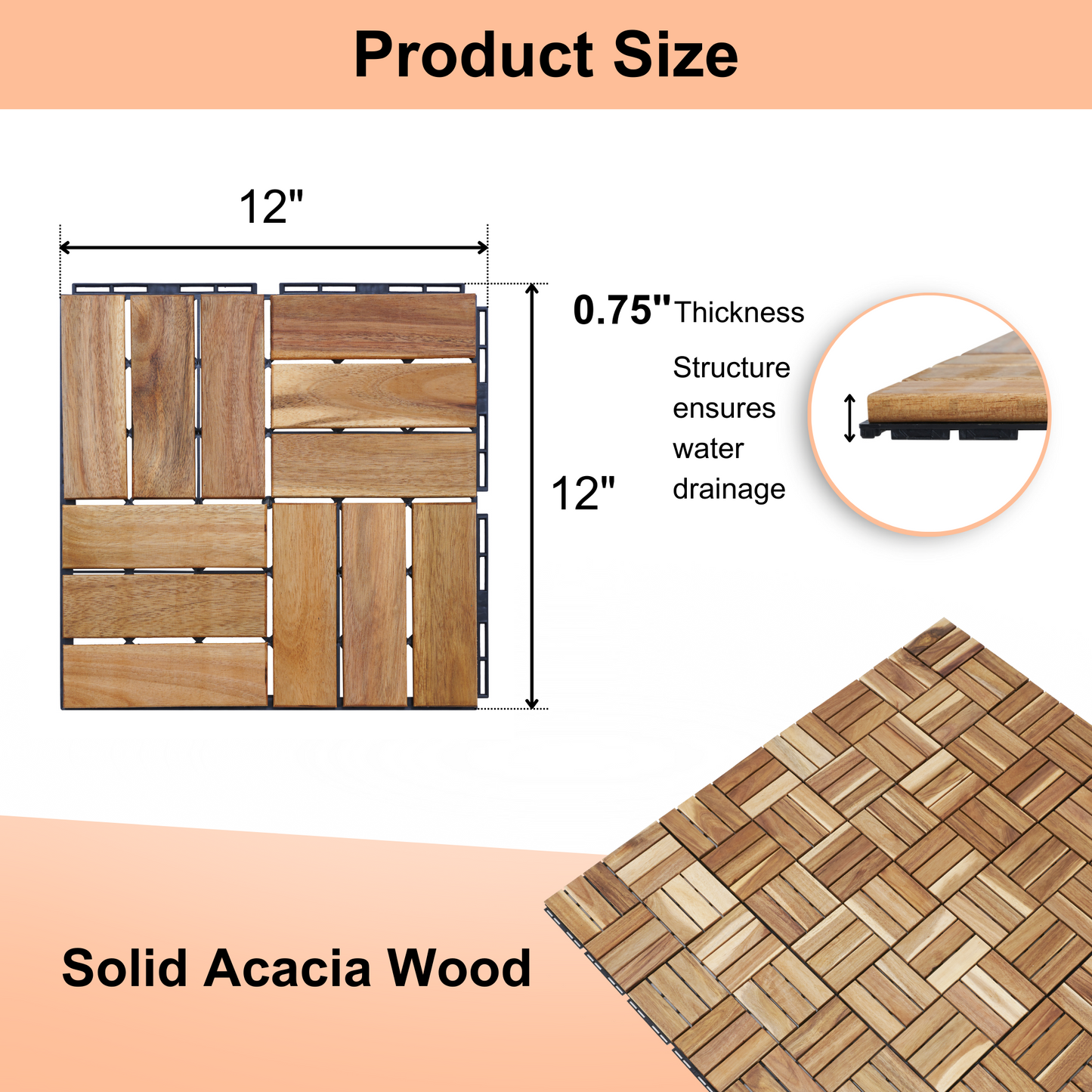 x inch interlocking wooden deck tiles made from solid acacia wood with water drainage