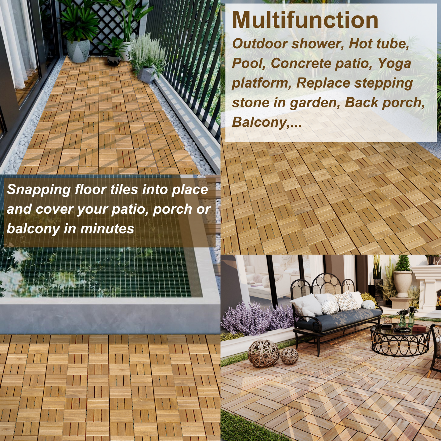 Brown interlocking wood floor tiles laid on a balcony offering a natural wood deck look