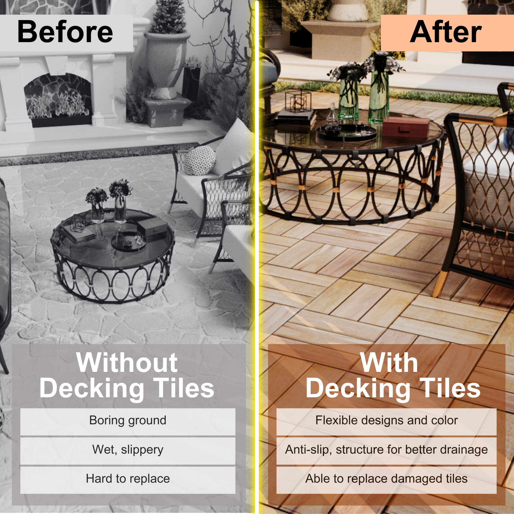 Closeup of modern interlocking wood deck tiles with a herringbone pattern