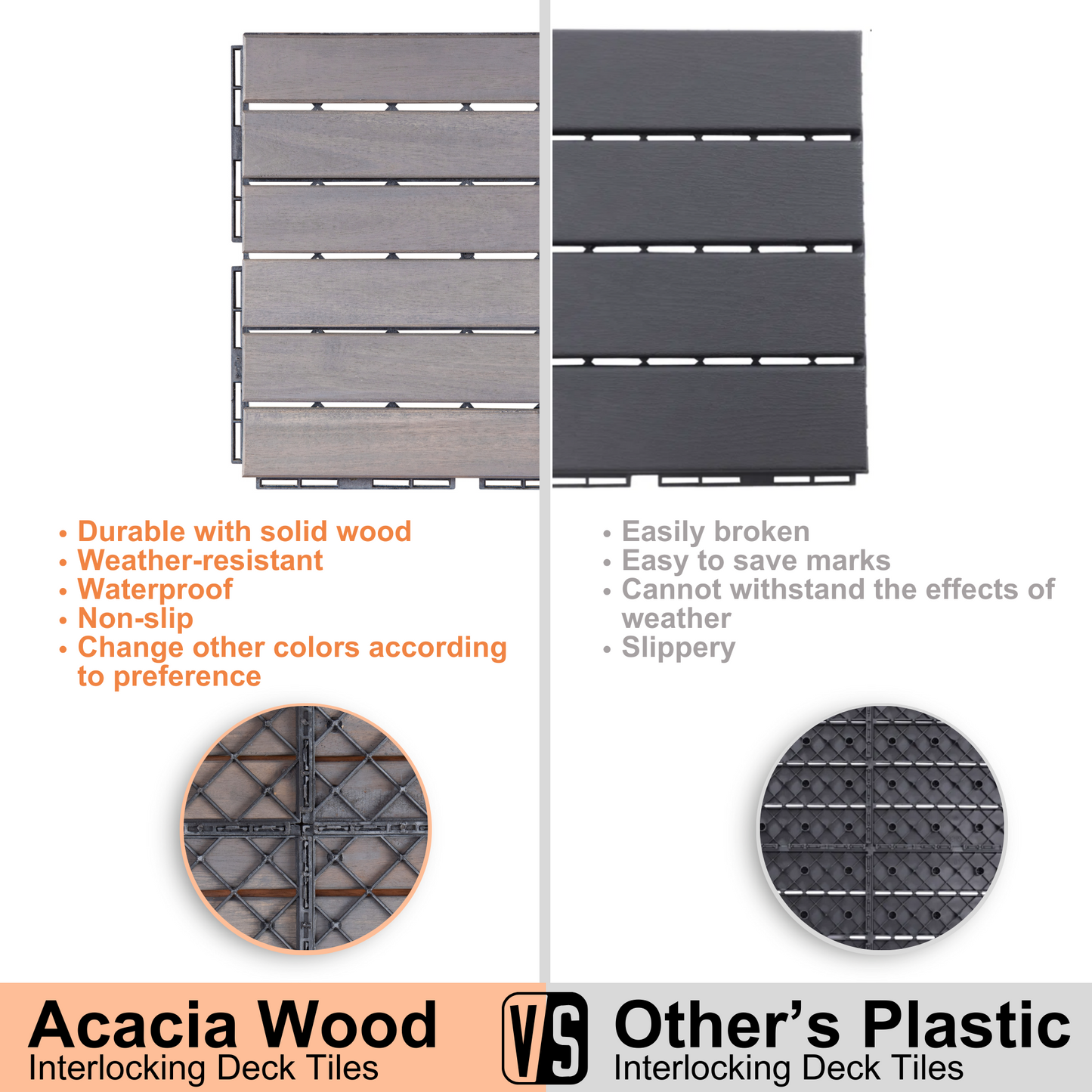 Acacia wood interlocking deck tiles light gray natural grain durable and waterproof for outdoor patios