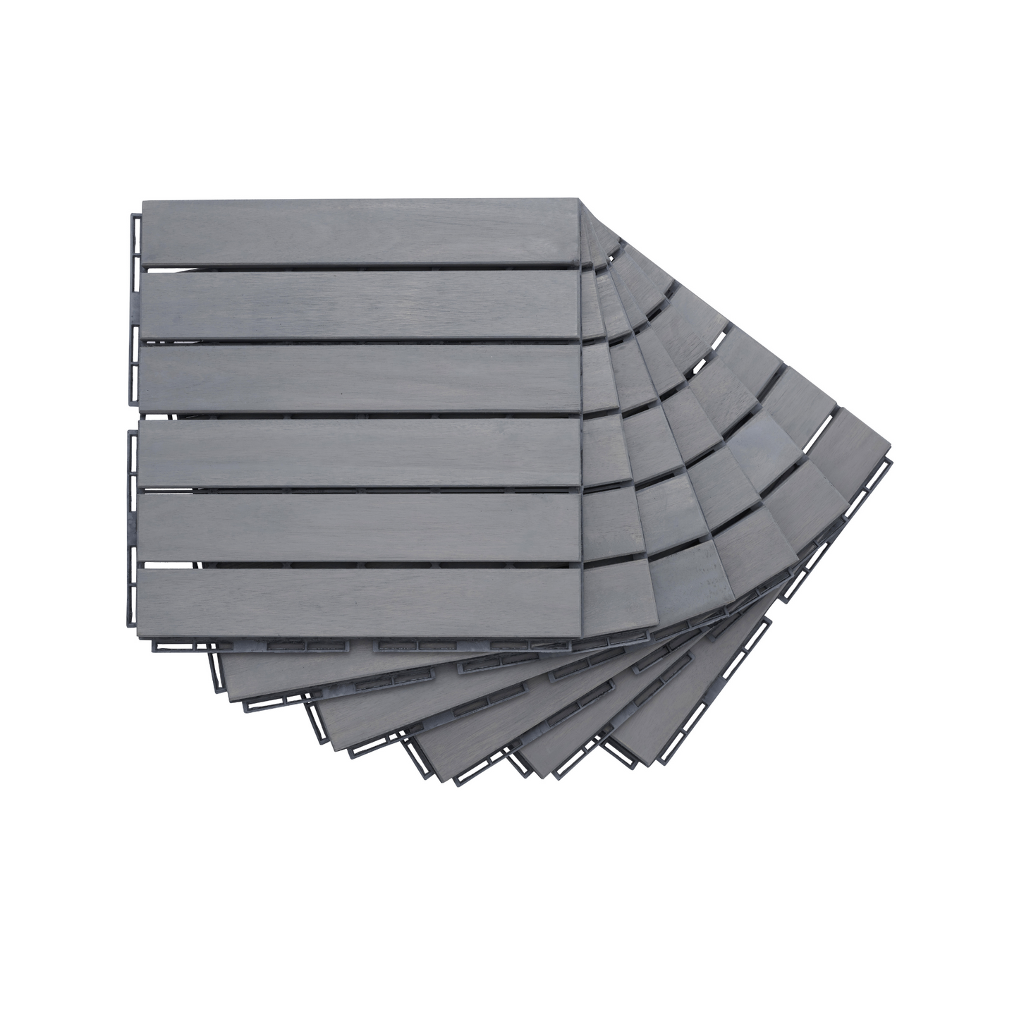 Gray composite deck tiles arranged in a fanned pattern