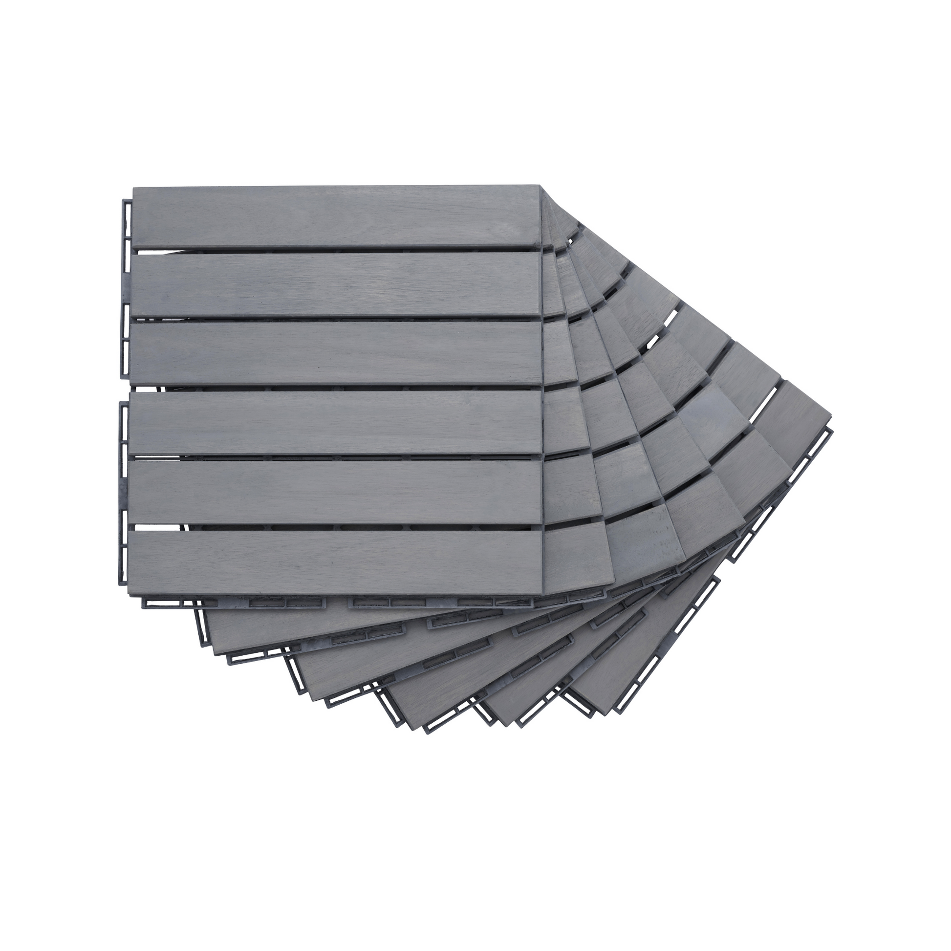 Gray composite deck tiles arranged in a fanned pattern