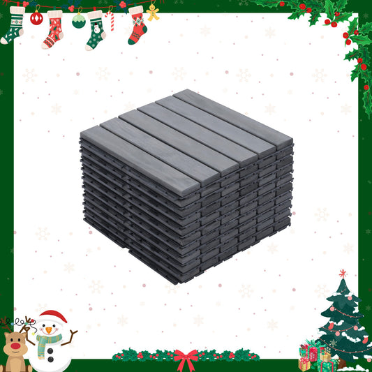 Stack of dark grey interlocking deck tiles for outdoor flooring