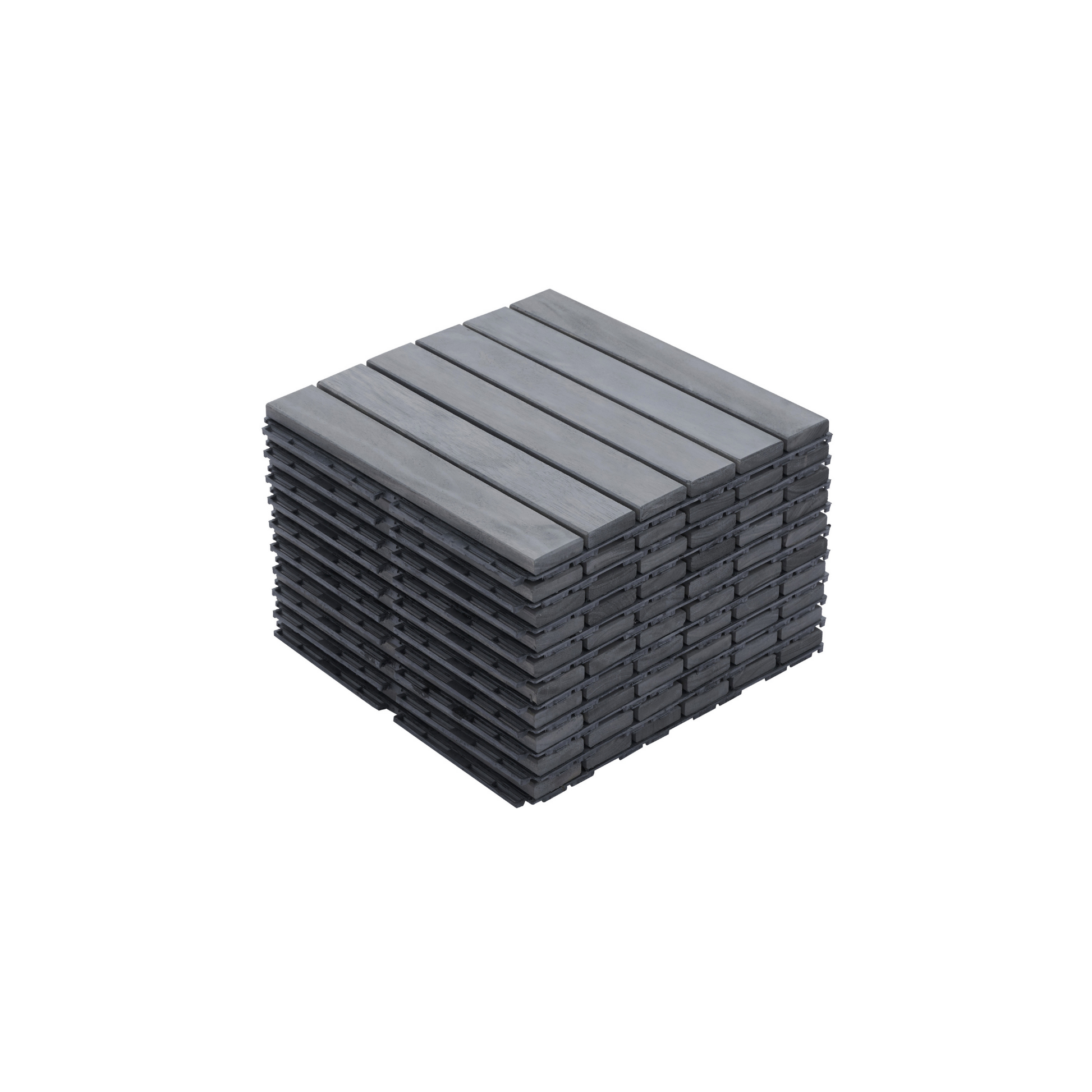 Stack of interlocking grey composite decking tiles for outdoor patios