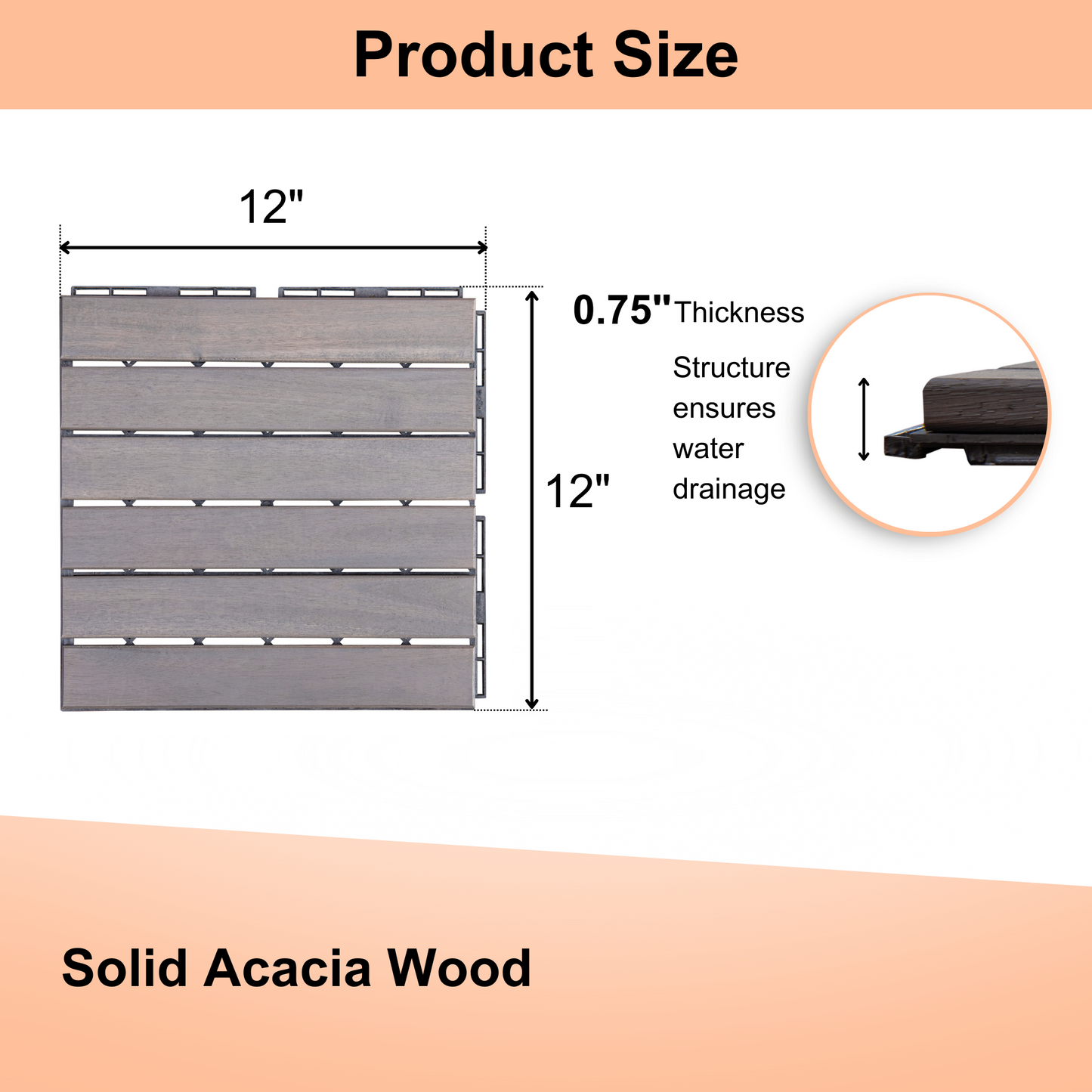 inch grey solid acacia wood interlocking deck tile with inch thickness for water drainage