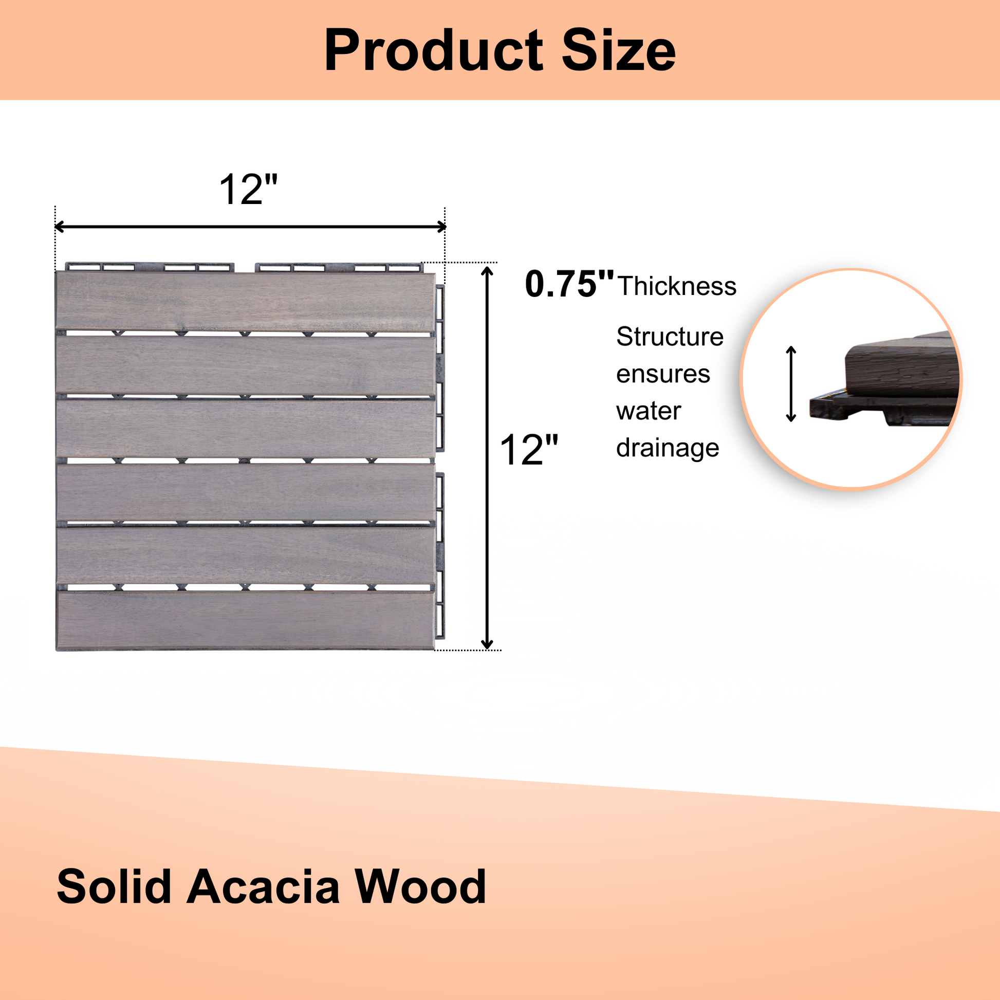 inch grey solid acacia wood interlocking deck tile with inch thickness for water drainage