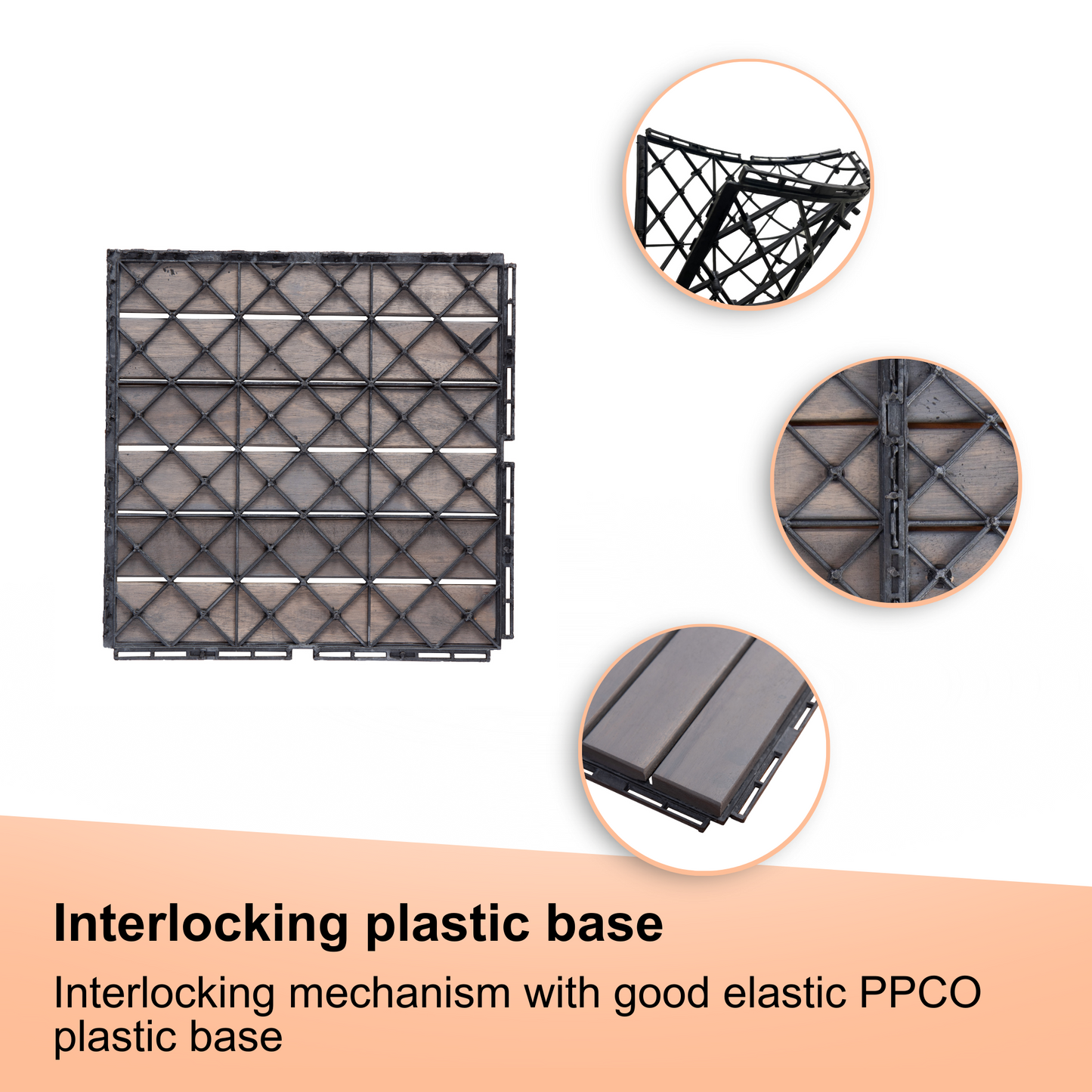 Dark gray interlocking PPCO plastic base tiles with a faux wood grain surface