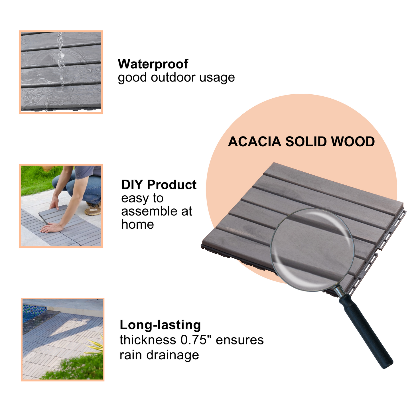 Waterproof grey acacia wood deck tiles being tested with water