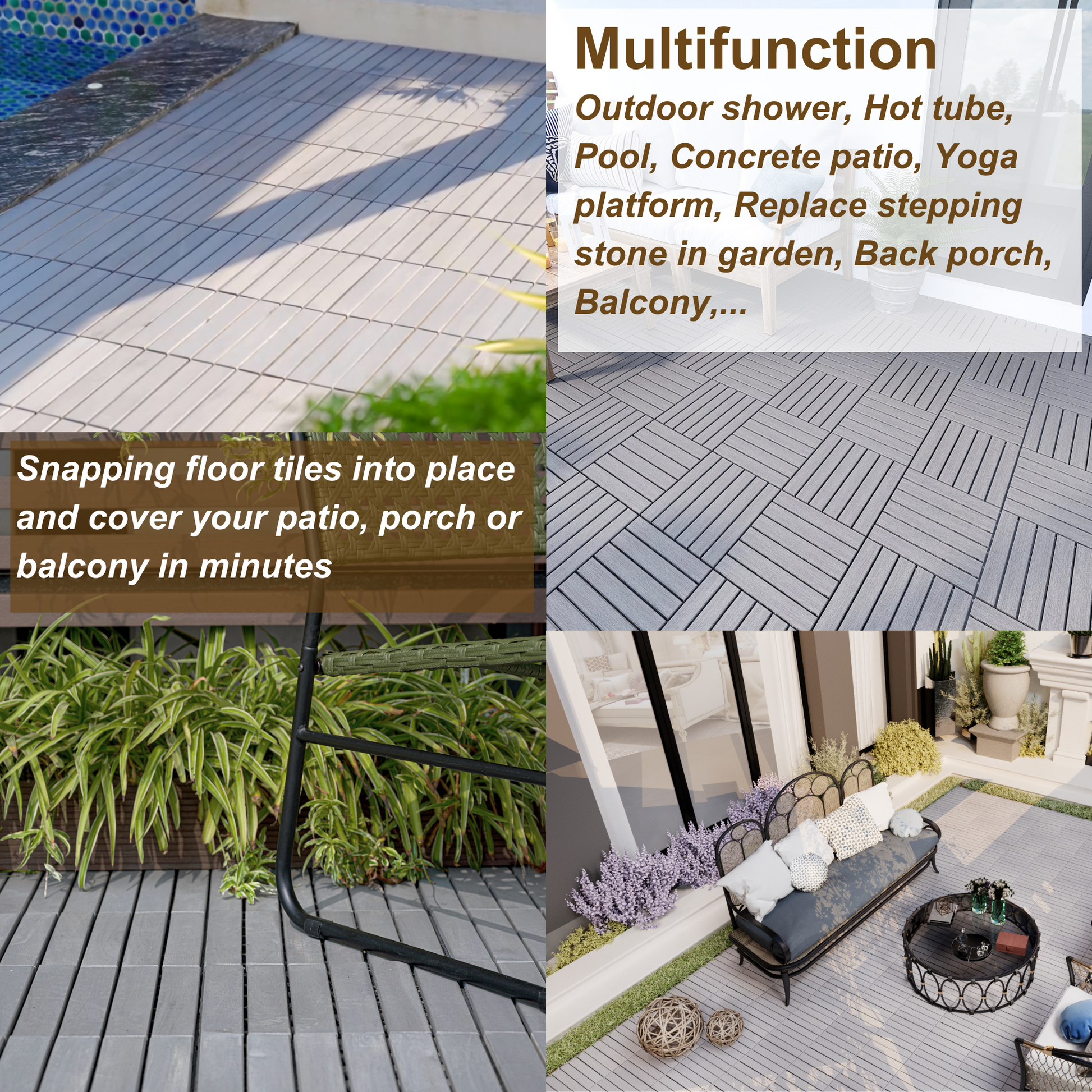 Light grey interlocking deck tiles installed next to a pool