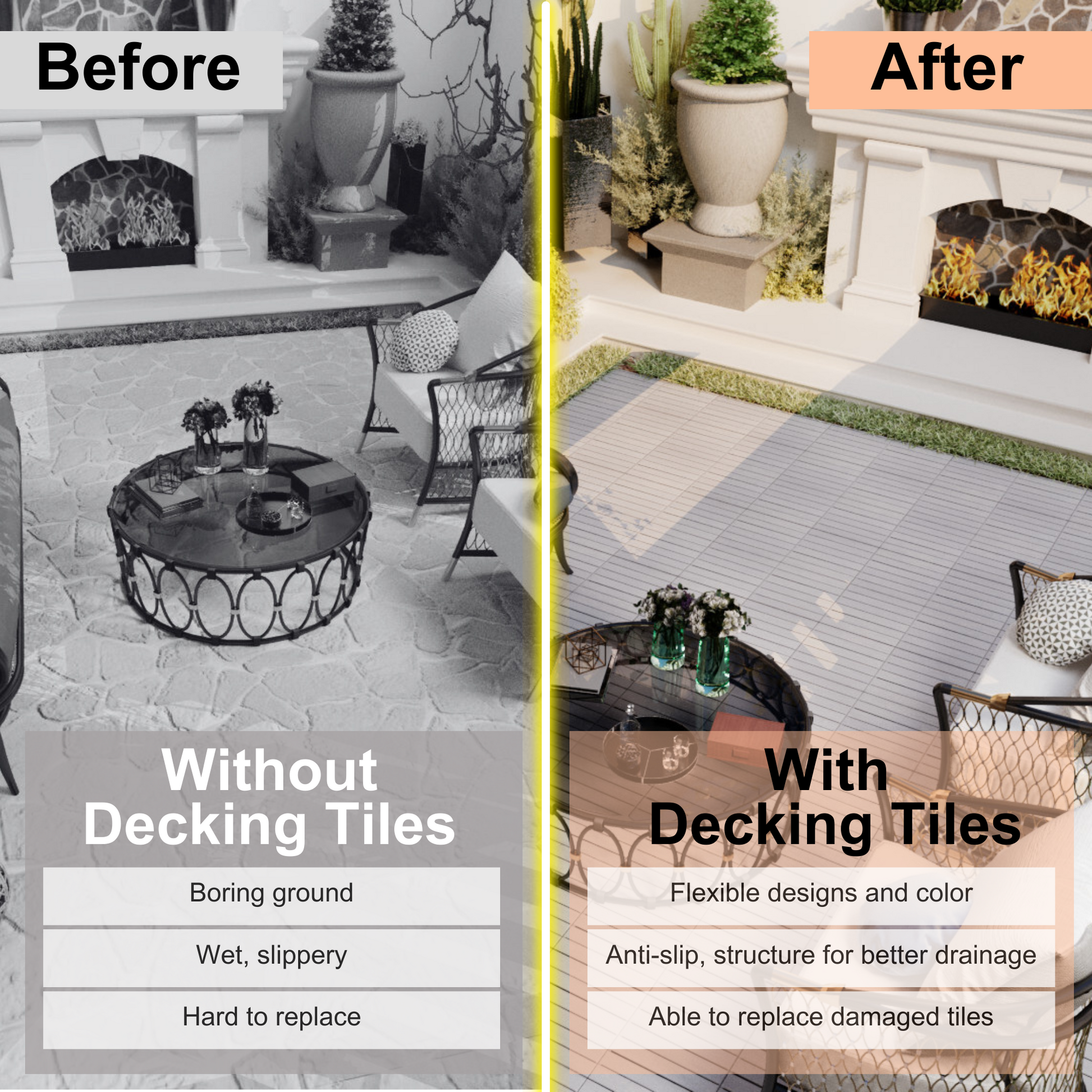 Grey interlocking deck tiles offering antislip texture and better drainage for outdoor patios