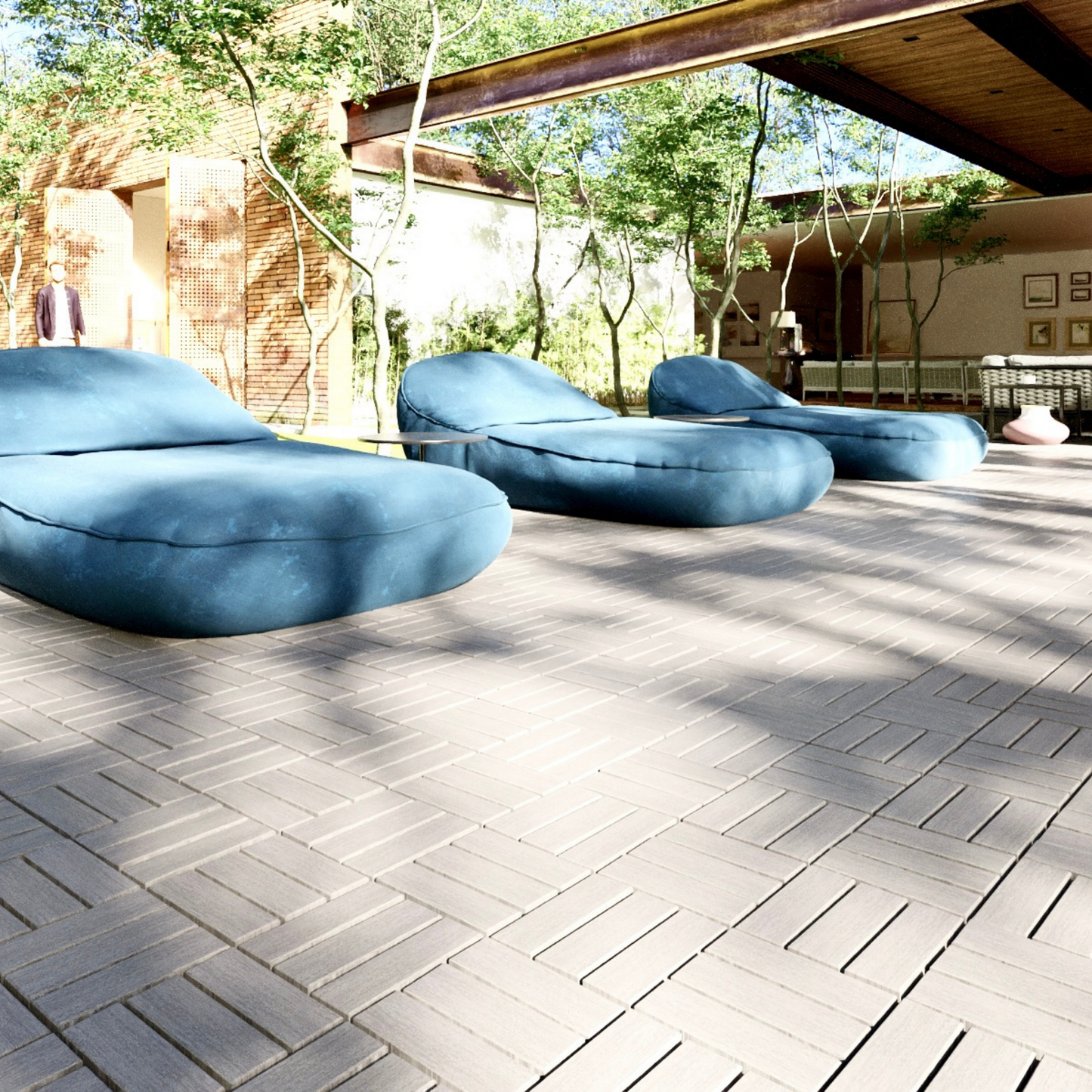 Teal bean bag loungers with plush cushioning create a relaxed outdoor seating area