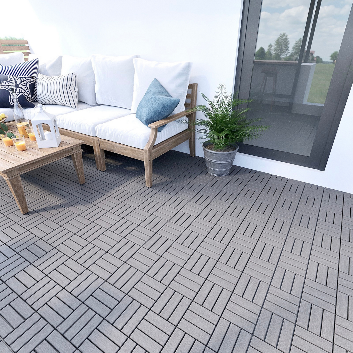 Grey interlocking deck tiles with a wood grain texture for outdoor patios